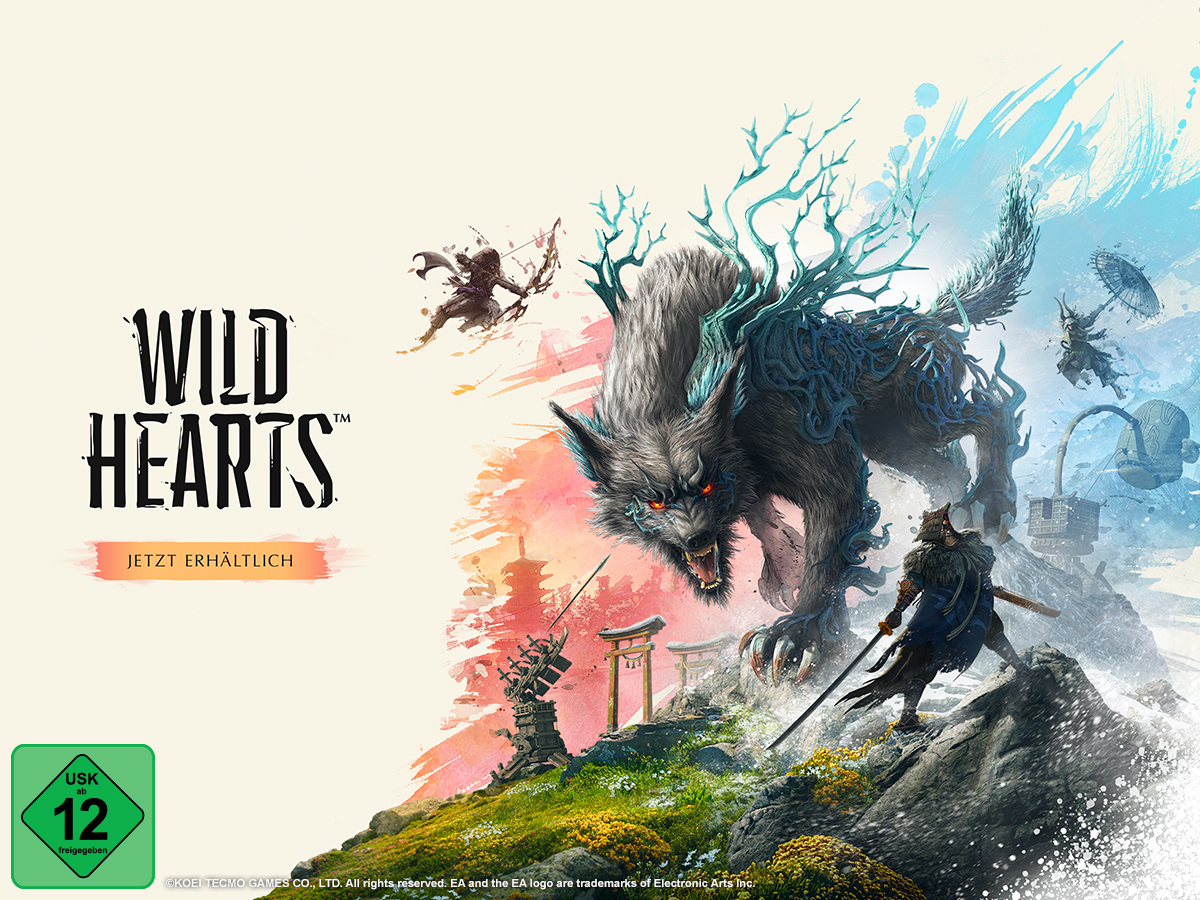 Spielcover mit einem wolfsähnlichen Wesen, Kriegern und dem Spieletitel.