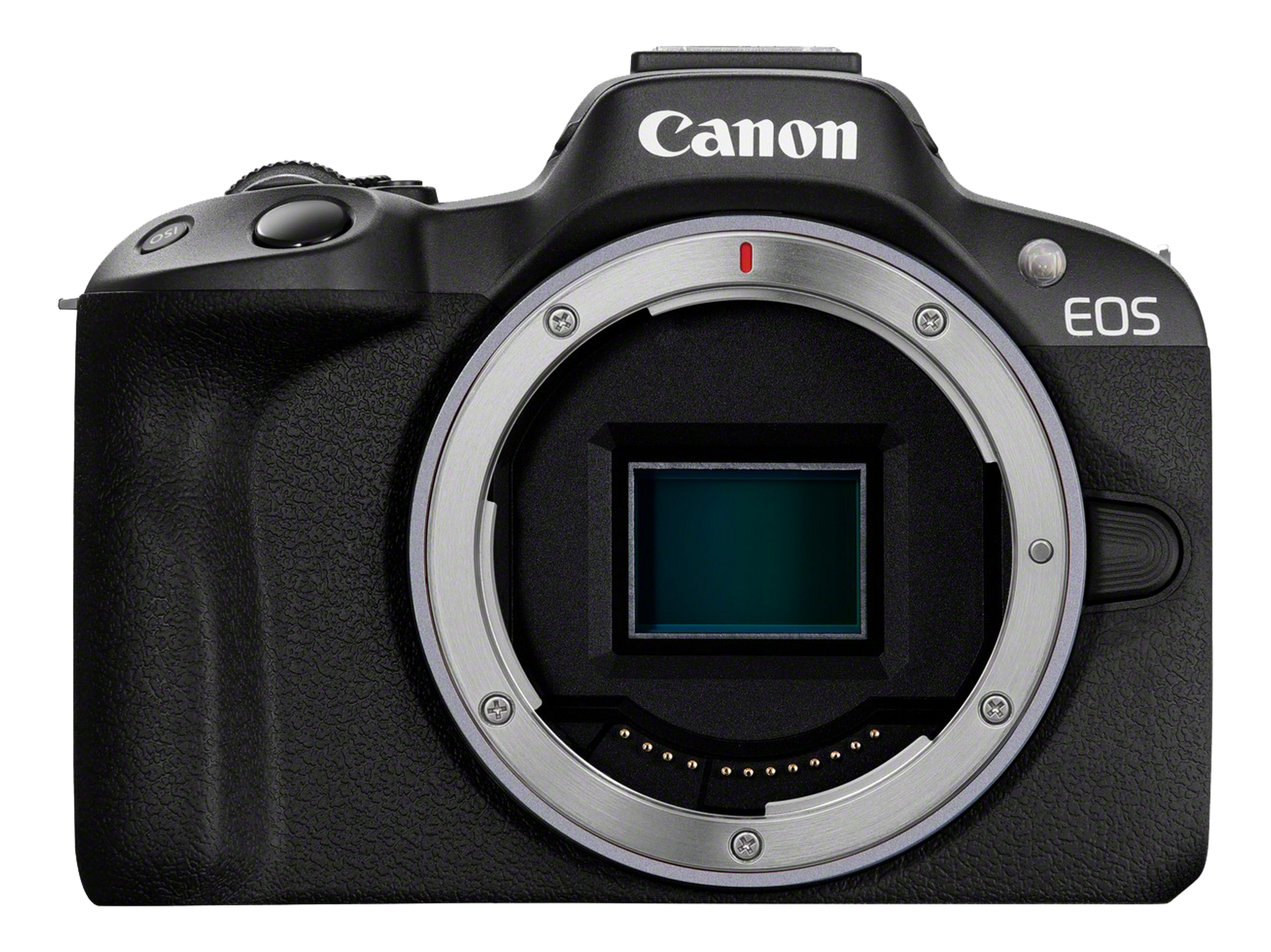 Schwarze Canon EOS Kamera. Silberner Objektivanschluss. Canon-Logo sichtbar. Rechteckiger Sensor innen. Knöpfe und Räder vorhanden.