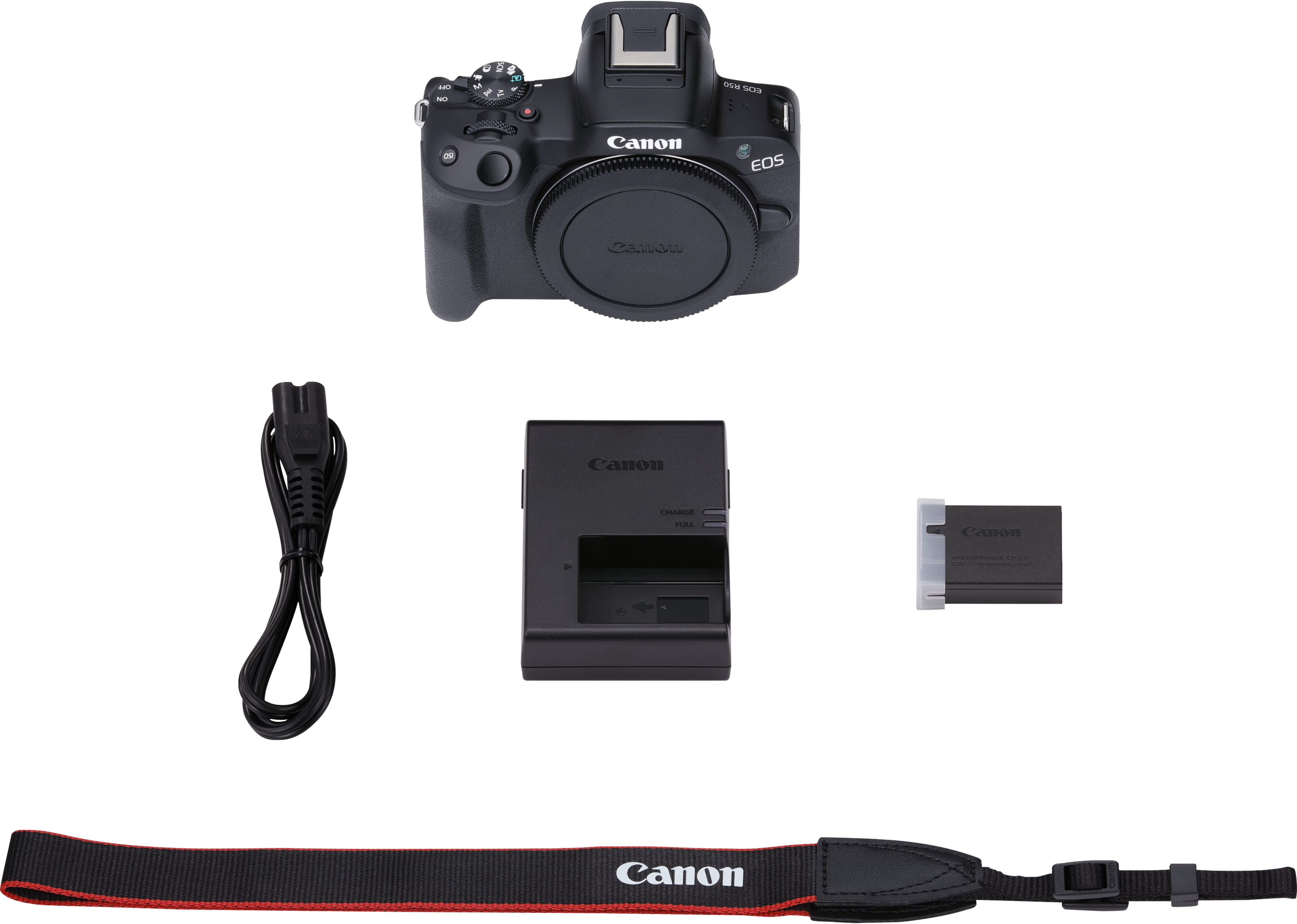 Eine schwarze Canon EOS R50 Kamera mit Zubehör, darunter ein Ladegerät, Akku und Gurt, alles auf schwarzem Hintergrund.