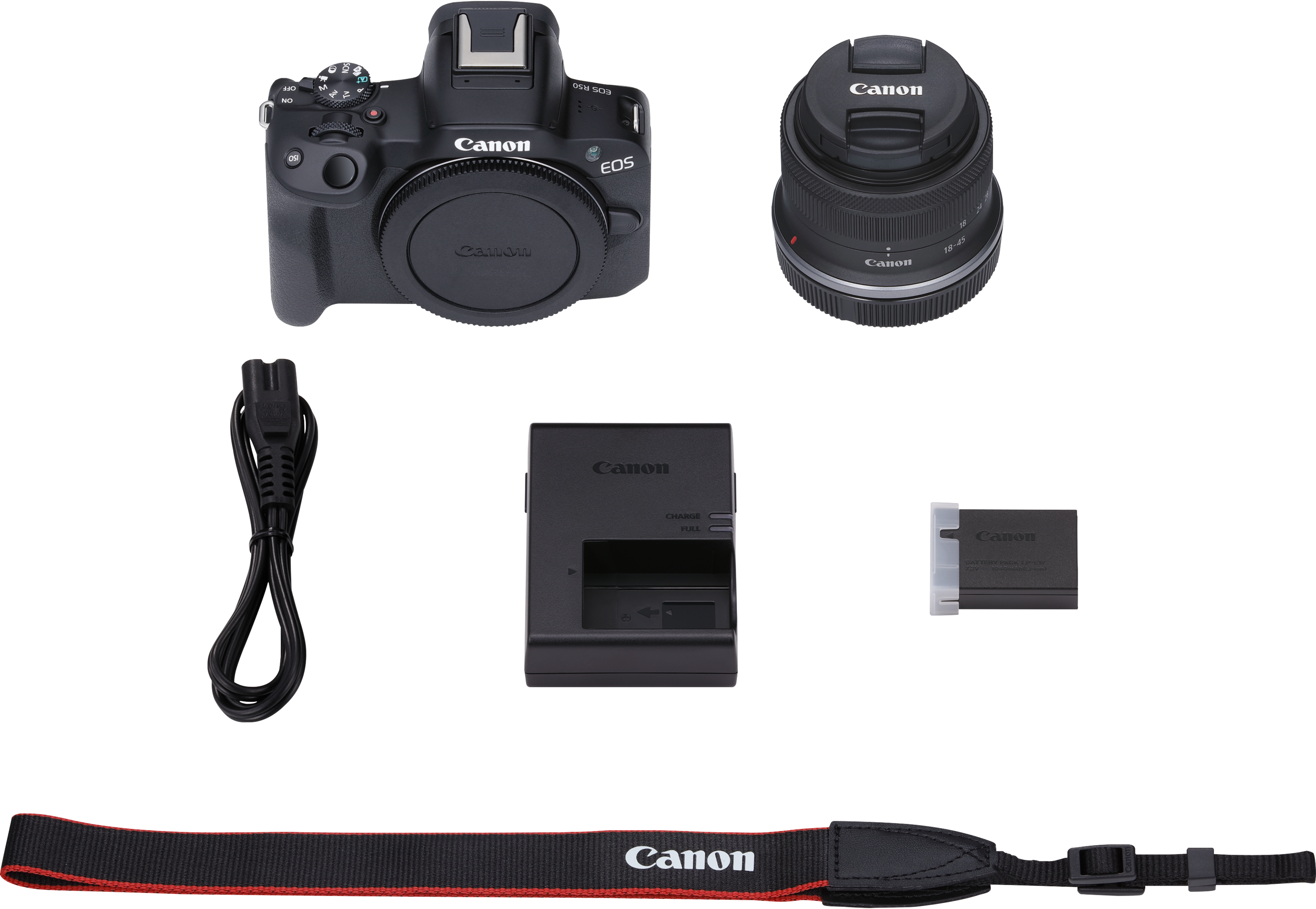 Canon Kamera-Kit auf schwarzem Hintergrund: Kamera, Objektiv, Ladegerät, Akku, Gurt und Kabel.