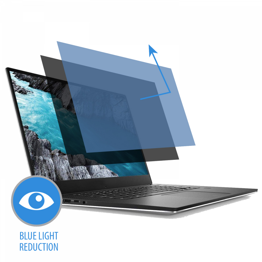 Laptop mit blauer Lichtreduktionsanzeige und drei überlagerten Ebenen.
