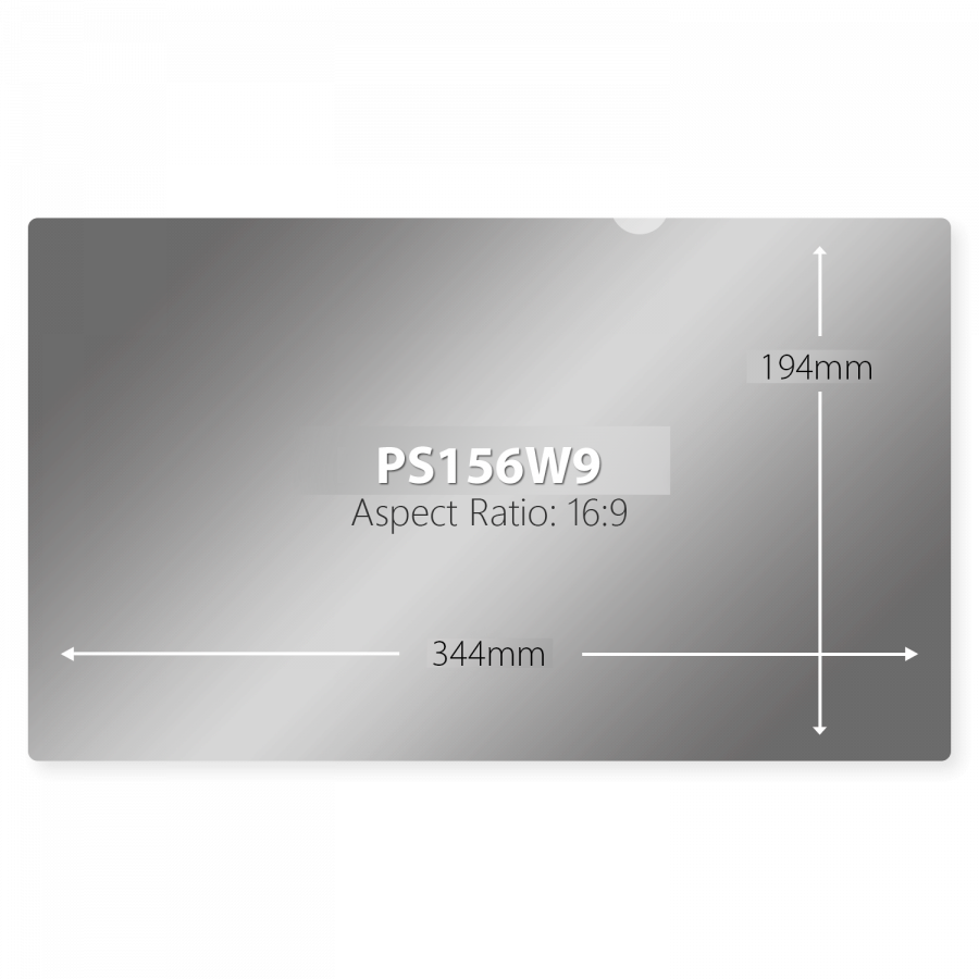 Bildschirm mit Maßen 344mm x 194mm und der Bezeichnung PS156W9, Seitenverhältnis 16:9.