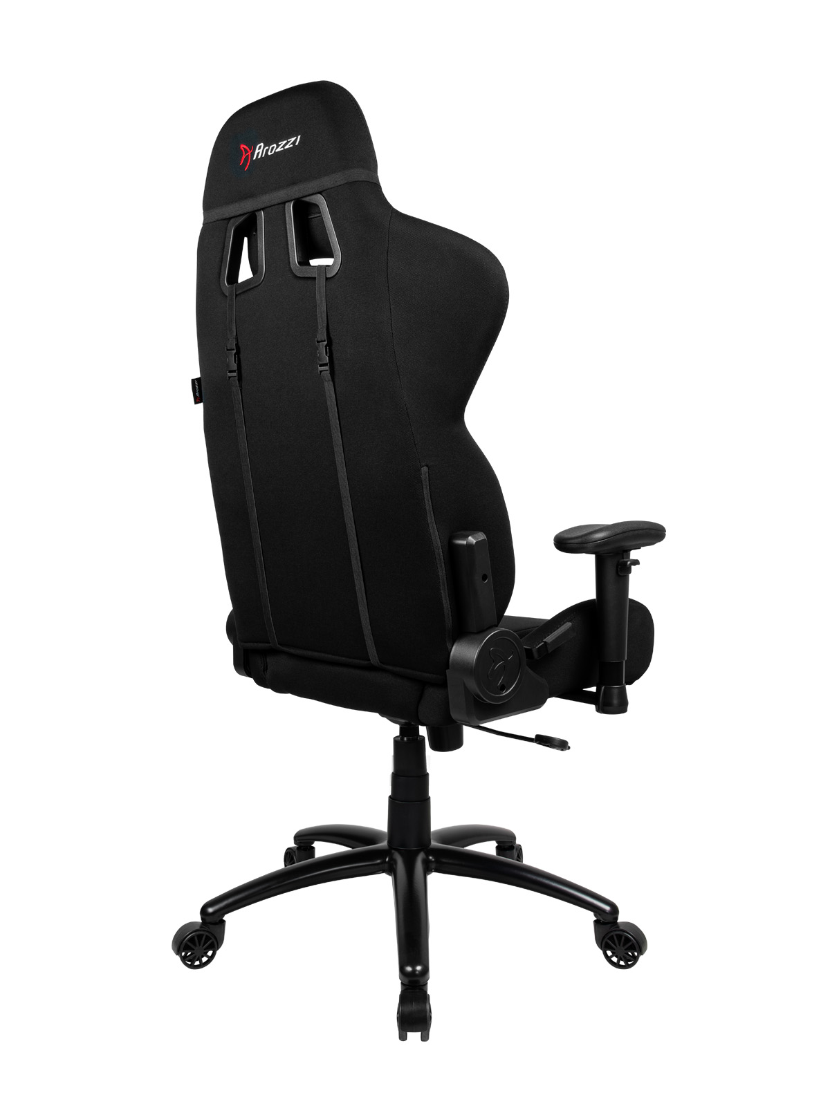 Fekete Arozzi gamer szék. Hátsó nézet, a szék kialakítását mutatva. Fehér háttér.