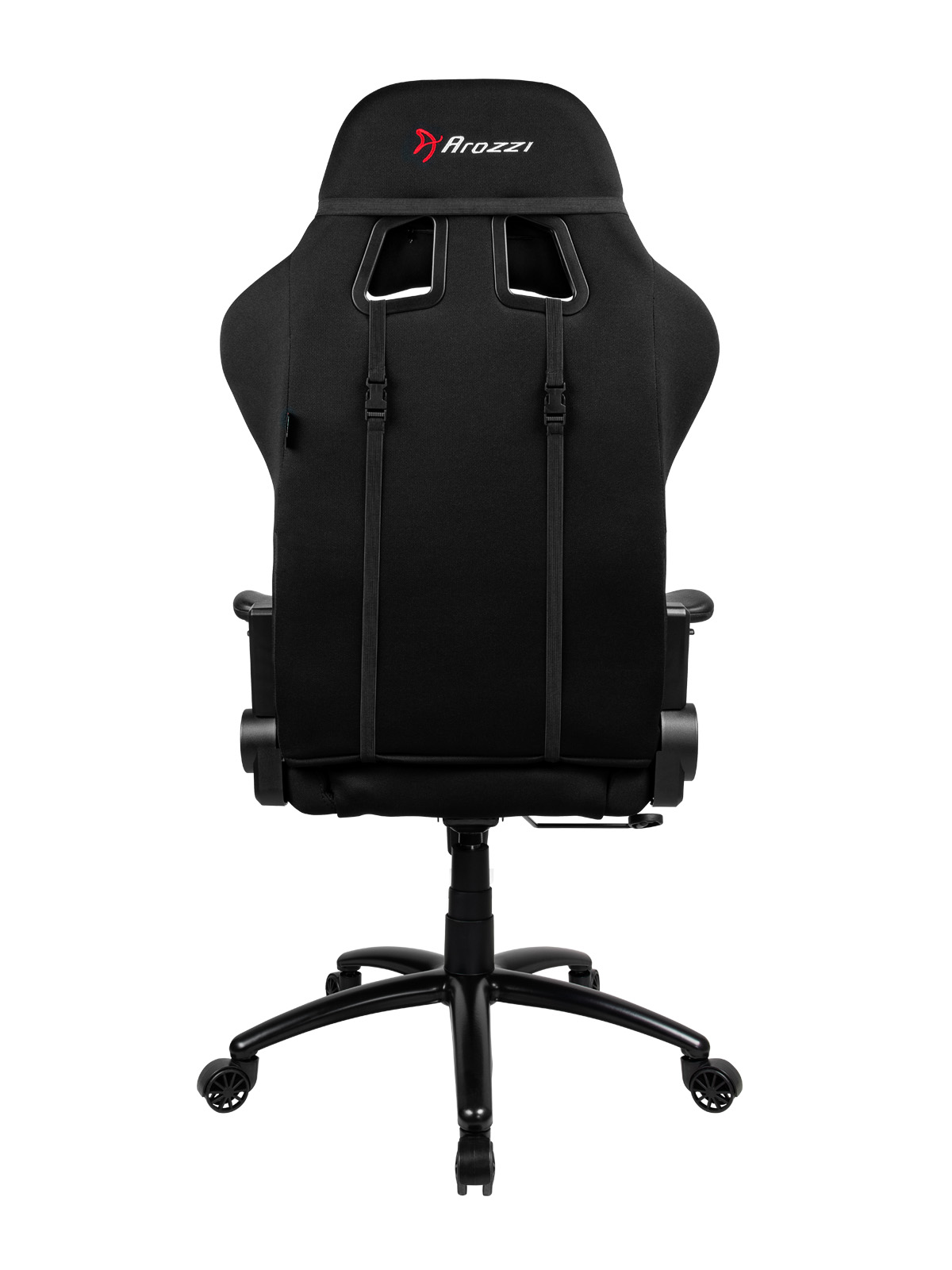 Fekete gamer szék háta, Arozzi logóval és pántokkal. Fejtámlával és kerekekkel.