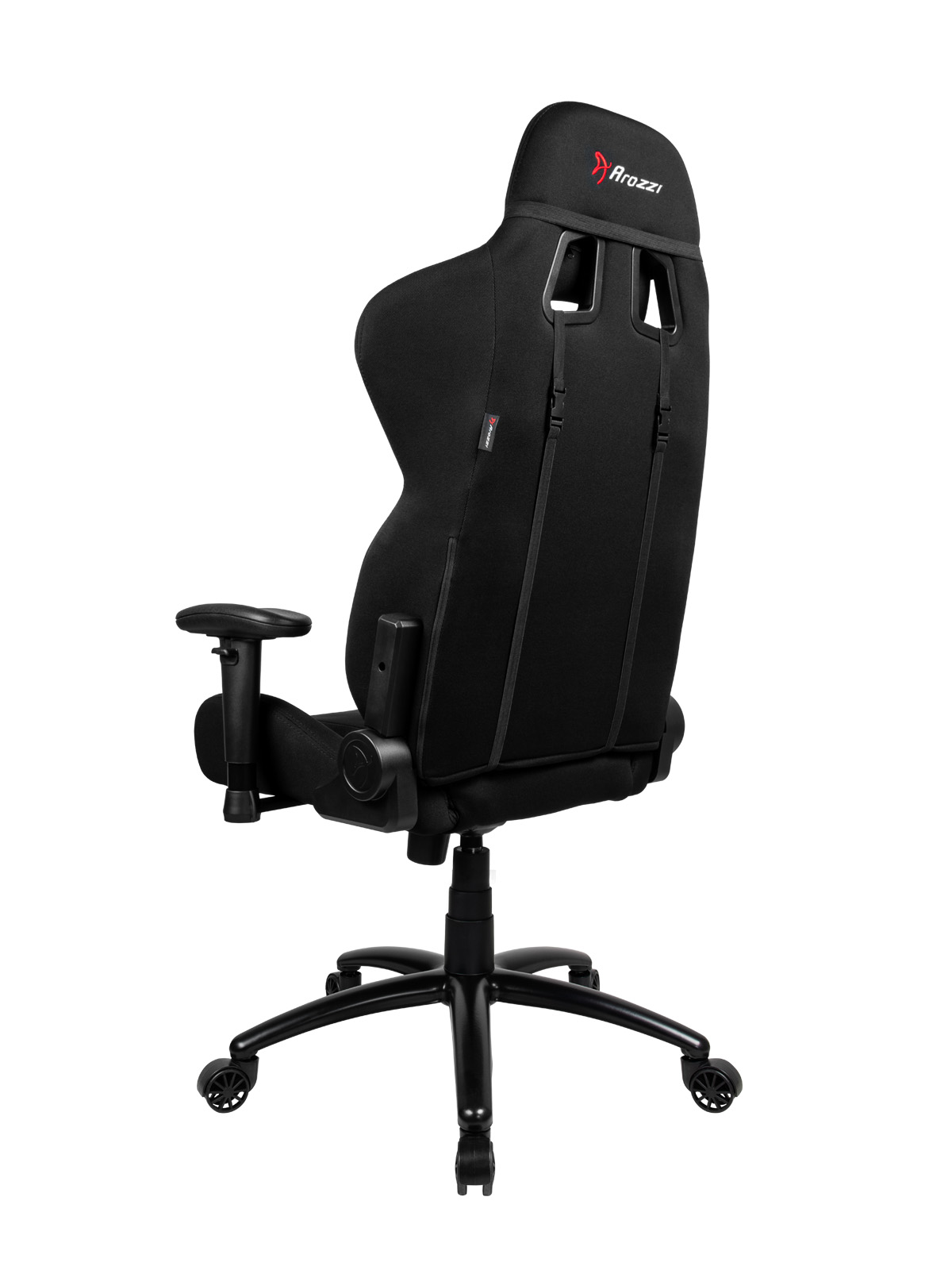 Fekete gamer szék hátulról. Felül a logó, alul kerekek láthatók.