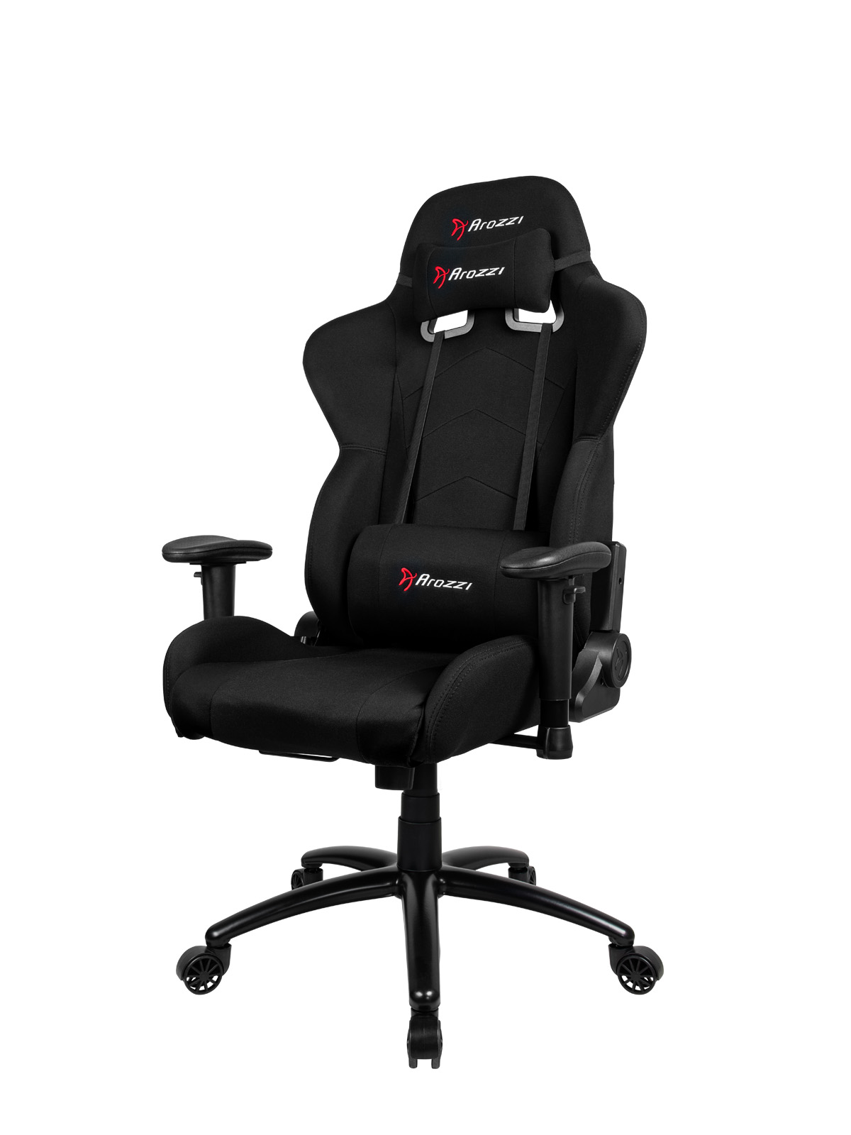 Fekete gamer szék fejtámlával, deréktámasszal és kerekekkel, fehér háttérrel.