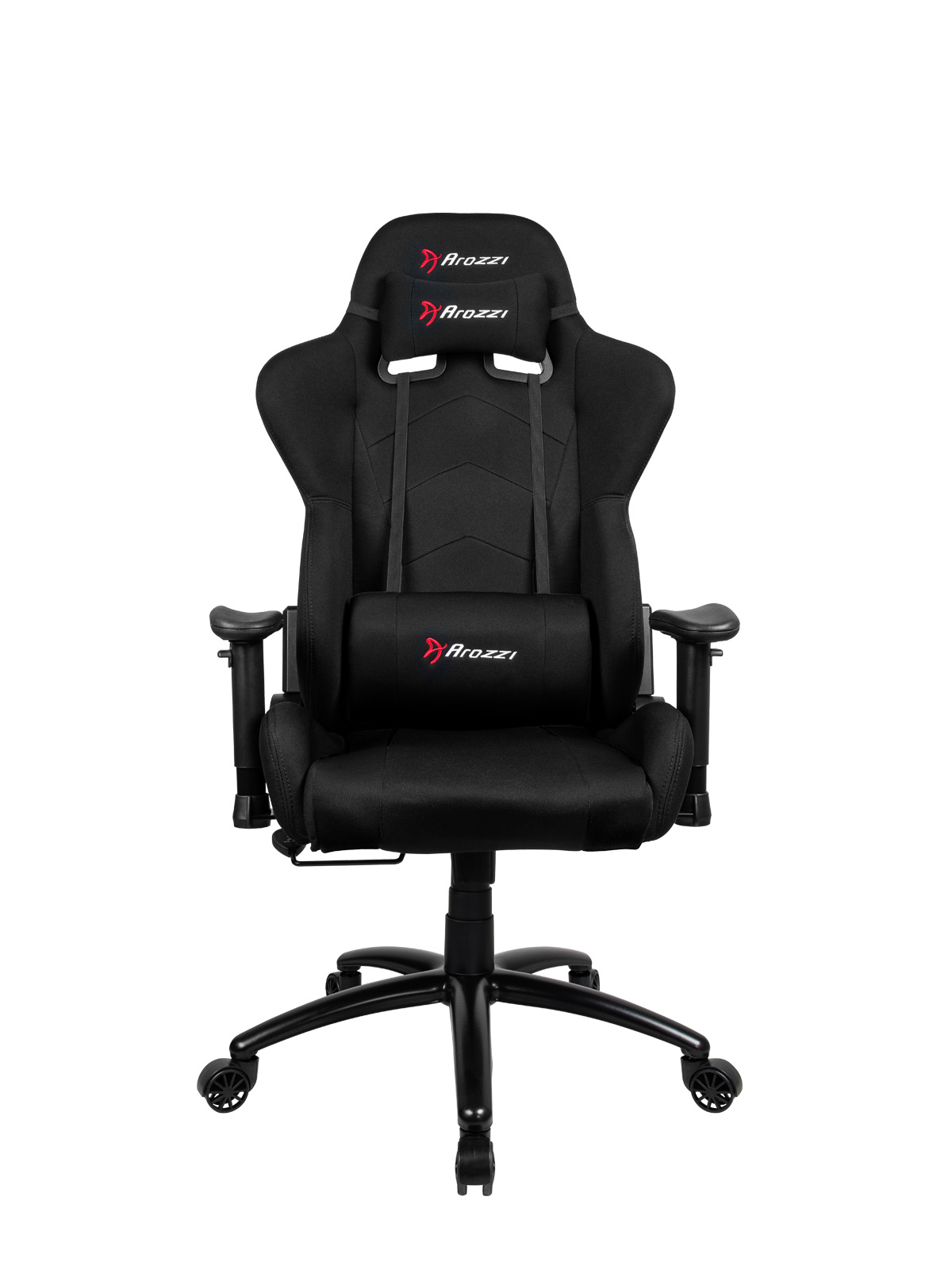 Fekete gamer szék fejtámlával és deréktámasszal, Arozzi logóval a fejtámlán és a deréktámaszon.