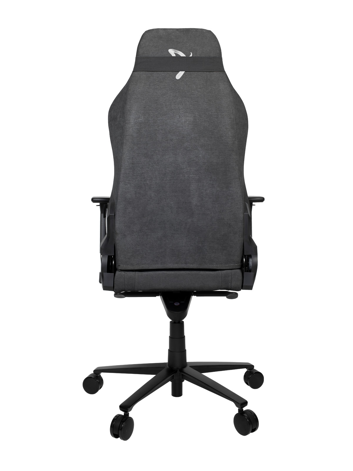 Egy fekete-szürke gamer szék hátulja, fekete kerekek, fehér háttér.