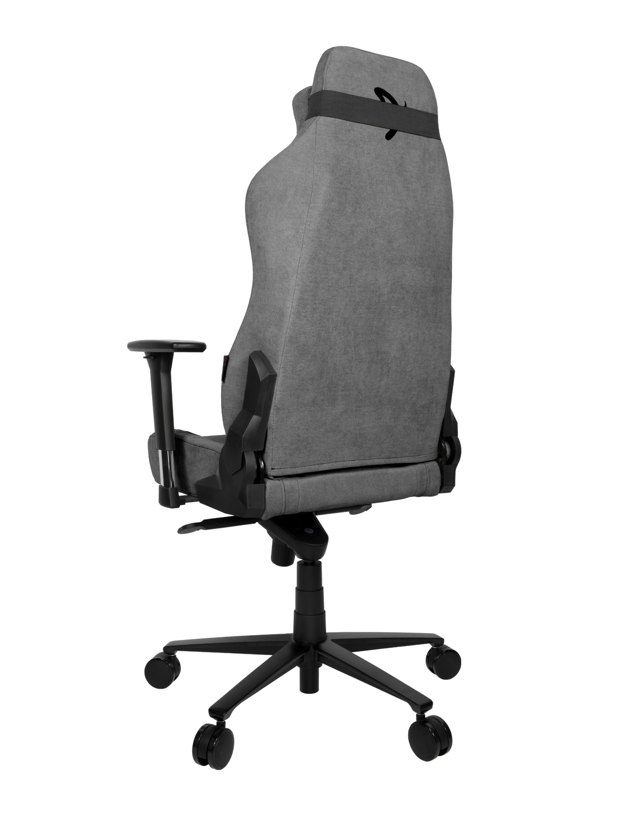 Szürke gamer szék, hátulnézet, magas háttámlával és fekete talppal.