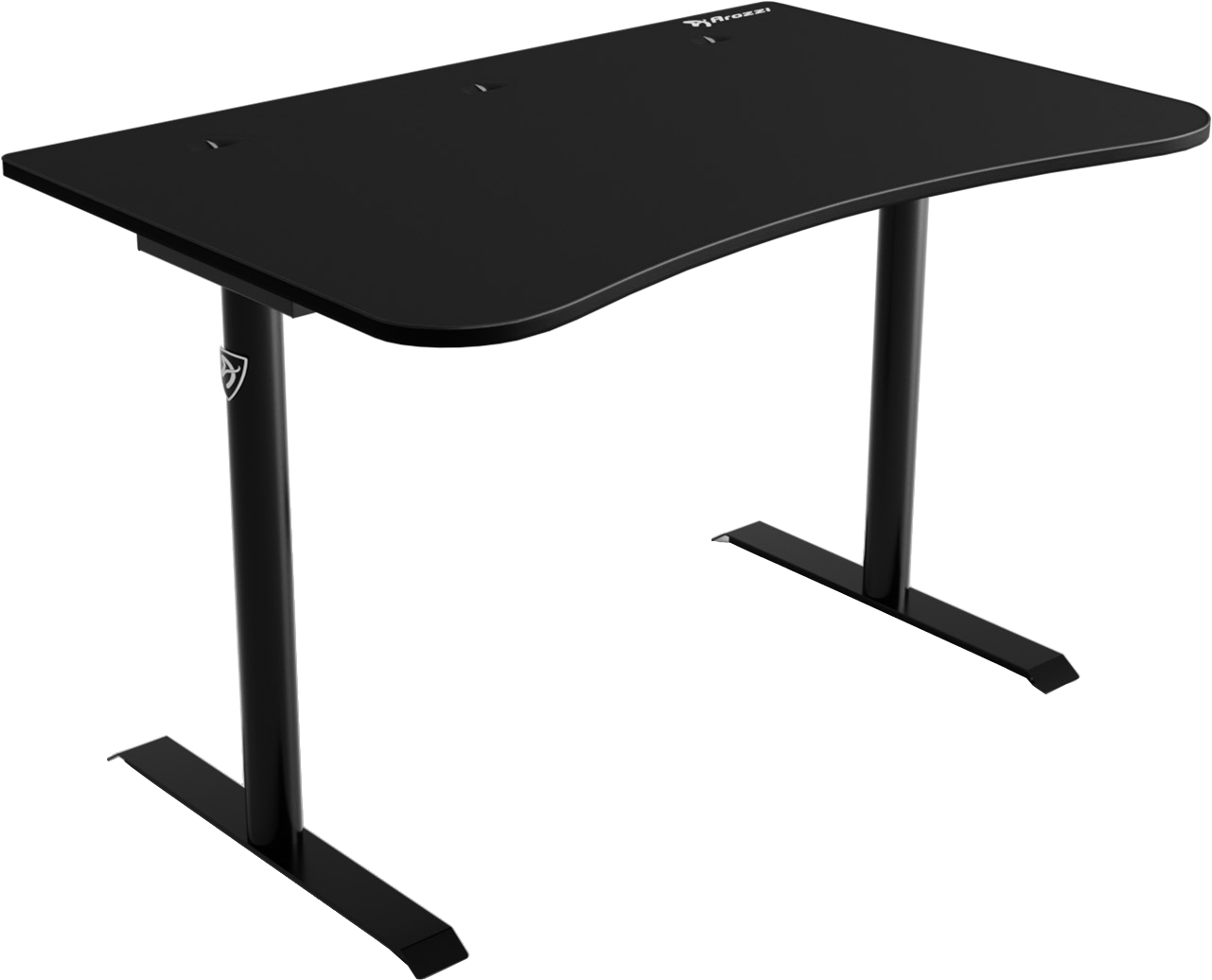 Fekete gamer asztal. Ívelt elülső. Fekete lábak. Fehér háttér.