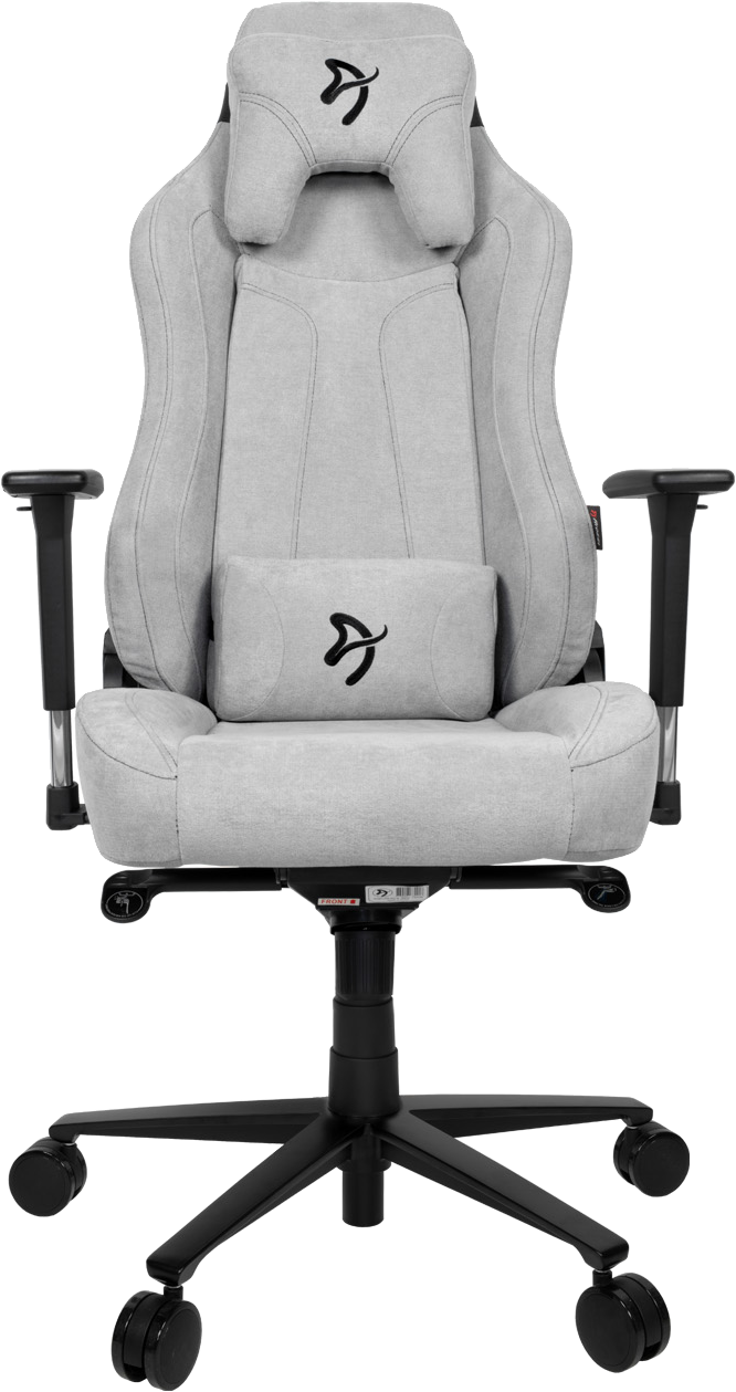Világosszürke gamer szék. Magas háttámla, fejtámla és kartámaszok. Kerékkel ellátott talp.