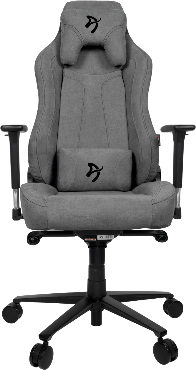 Egy szürke gamer szék nyakpárnával és deréktámasszal.