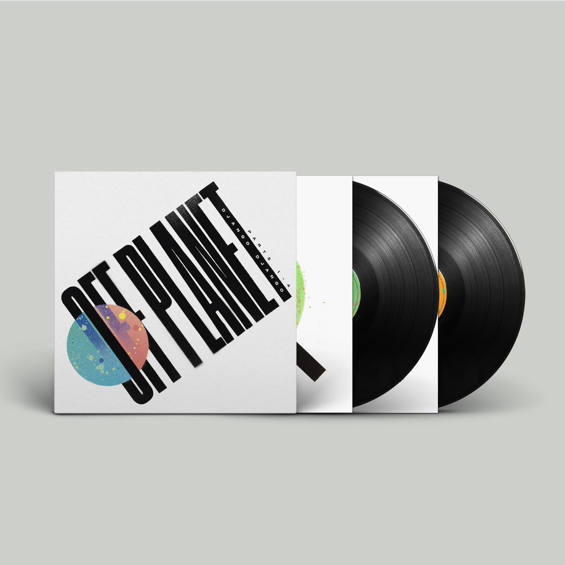 Vinyl-Schallplattenalbum mit Albumcover mit dem Titel 'Off Planet' und zwei schwarzen Schallplatten.