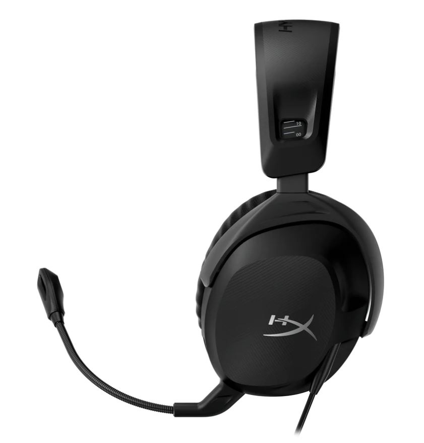 Siyah HyperX oyun kulaklığı, mikrofon ve logo ile.