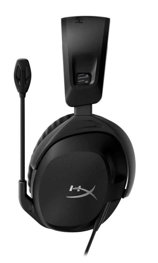 Mikrofonlu, yan tarafta kontrolleri olan ve HyperX logosu bulunan siyah oyun kulaklığı.