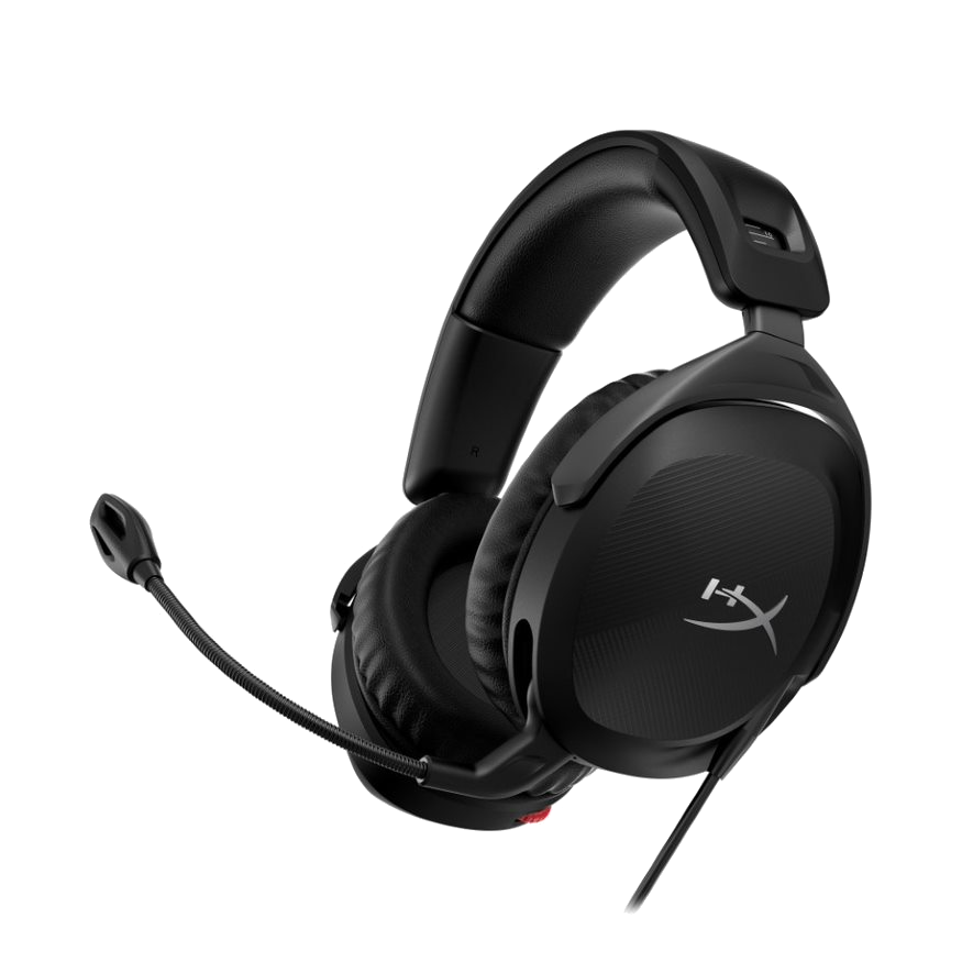 Mikrofonlu siyah kulaklık. Yan tarafta HyperX logosu.