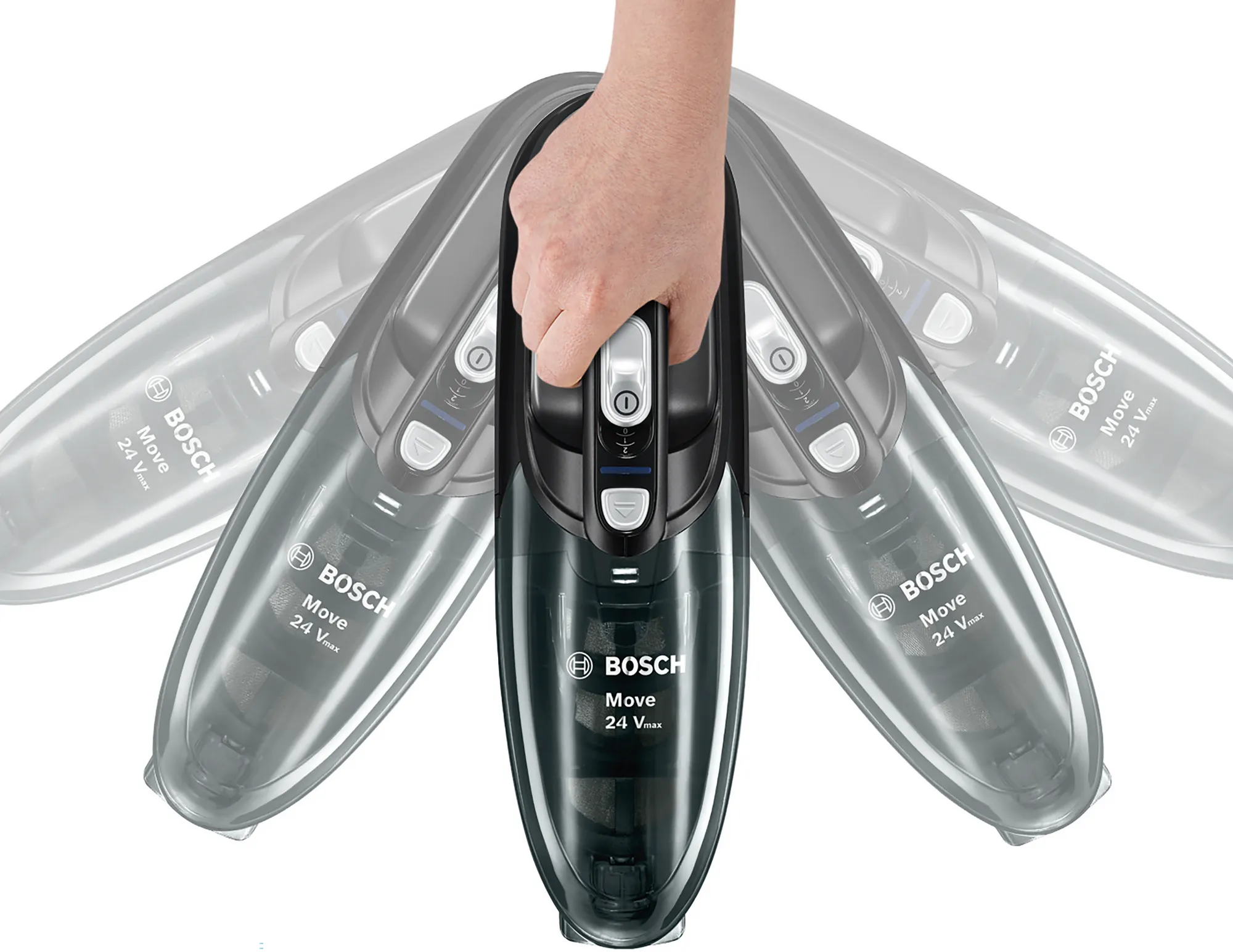 Hand, die einen schwarz-grauen kabellosen Staubsauger hält, mit mehreren Winkeln, die sein Design zeigen.