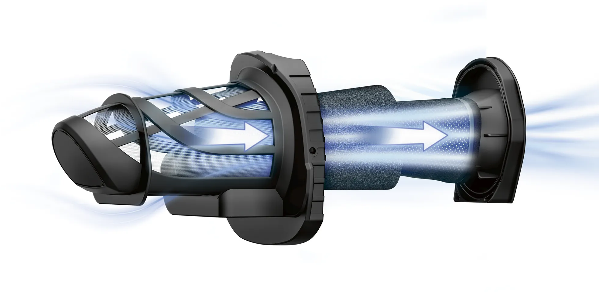 Schwarzer Staubsaugerfilter mit Pfeilen, die den Luftstrom anzeigen, auf weißem Grund.