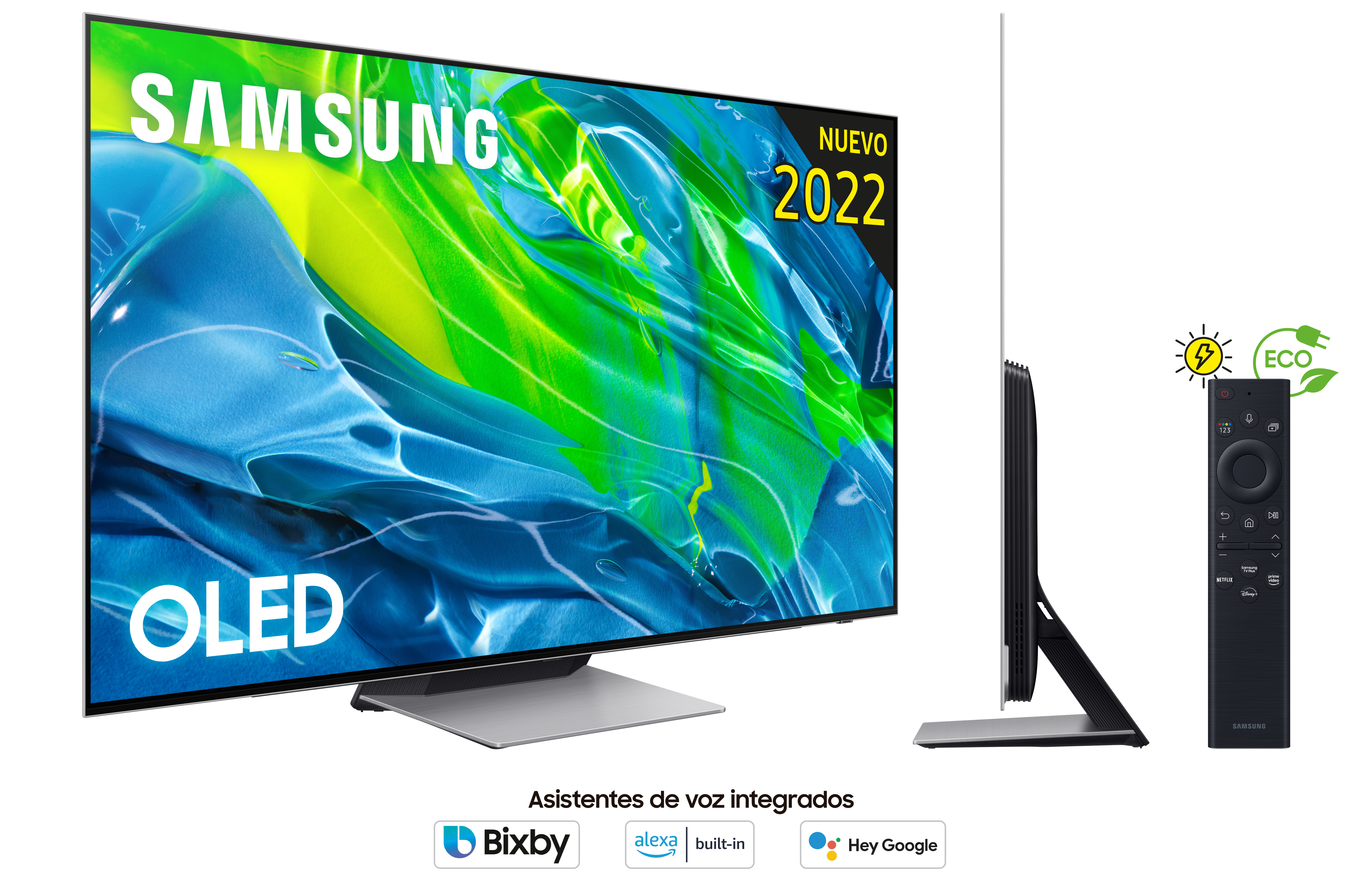 Un televisor Samsung OLED con un mando a distancia y funciones inteligentes, sobre un fondo blanco.