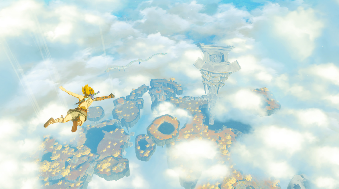 Eine Person schwebt über schwebenden Inseln, Wolken und einem Turm in einem Videospiel.