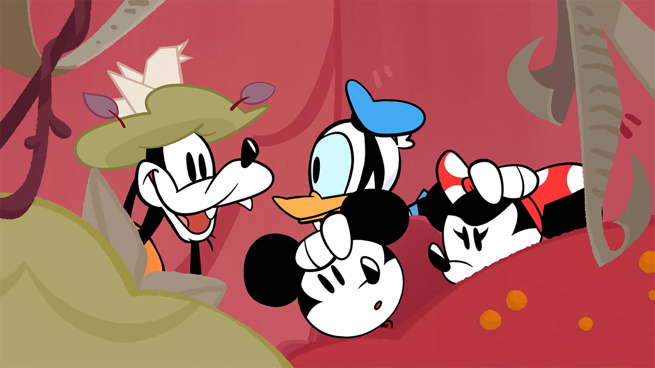 Goofy, Donald Duck, Mickey Mouse en Minnie Mouse in cartoonstijl, omringd door rode en bruine organische vormen.