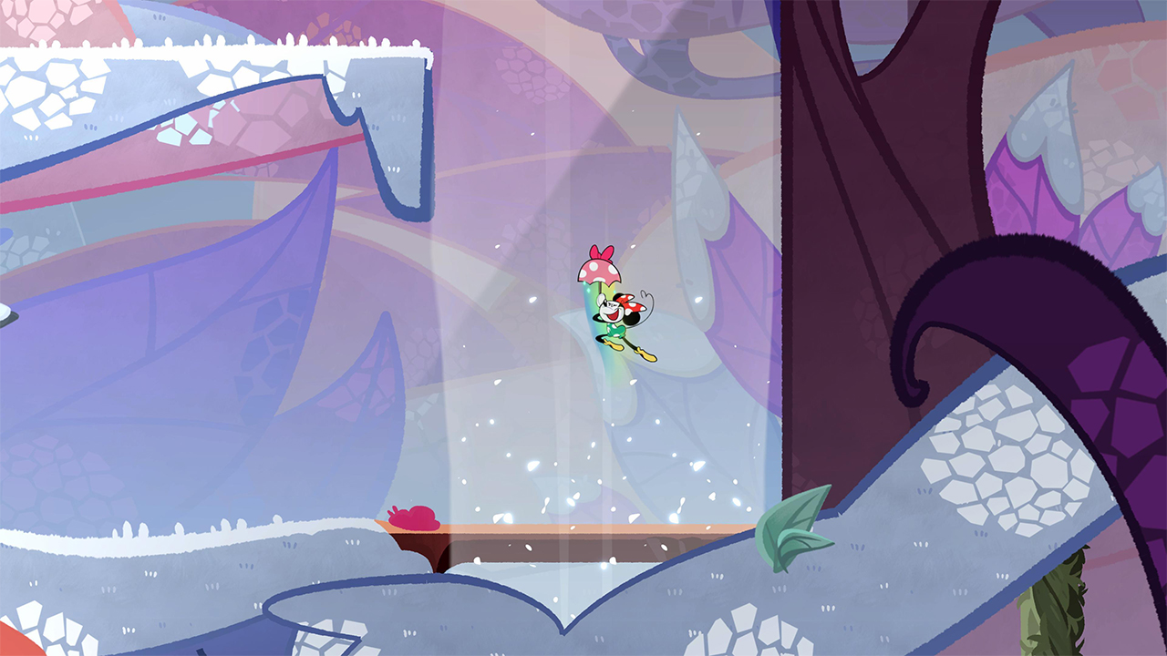 Minnie Mouse vliegt met een paddenstoelenparaplu in een kleurrijk, abstract landschap. Achtergrond toont grote, gestileerde bladeren en vormen.