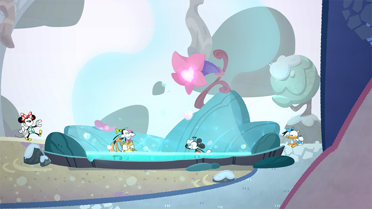 Minnie Mouse, Mickey Mouse, Goofy en Donald Duck in een kleurrijke tekenfilmscène. Een grote bloem bloeit boven een kristalvorming.