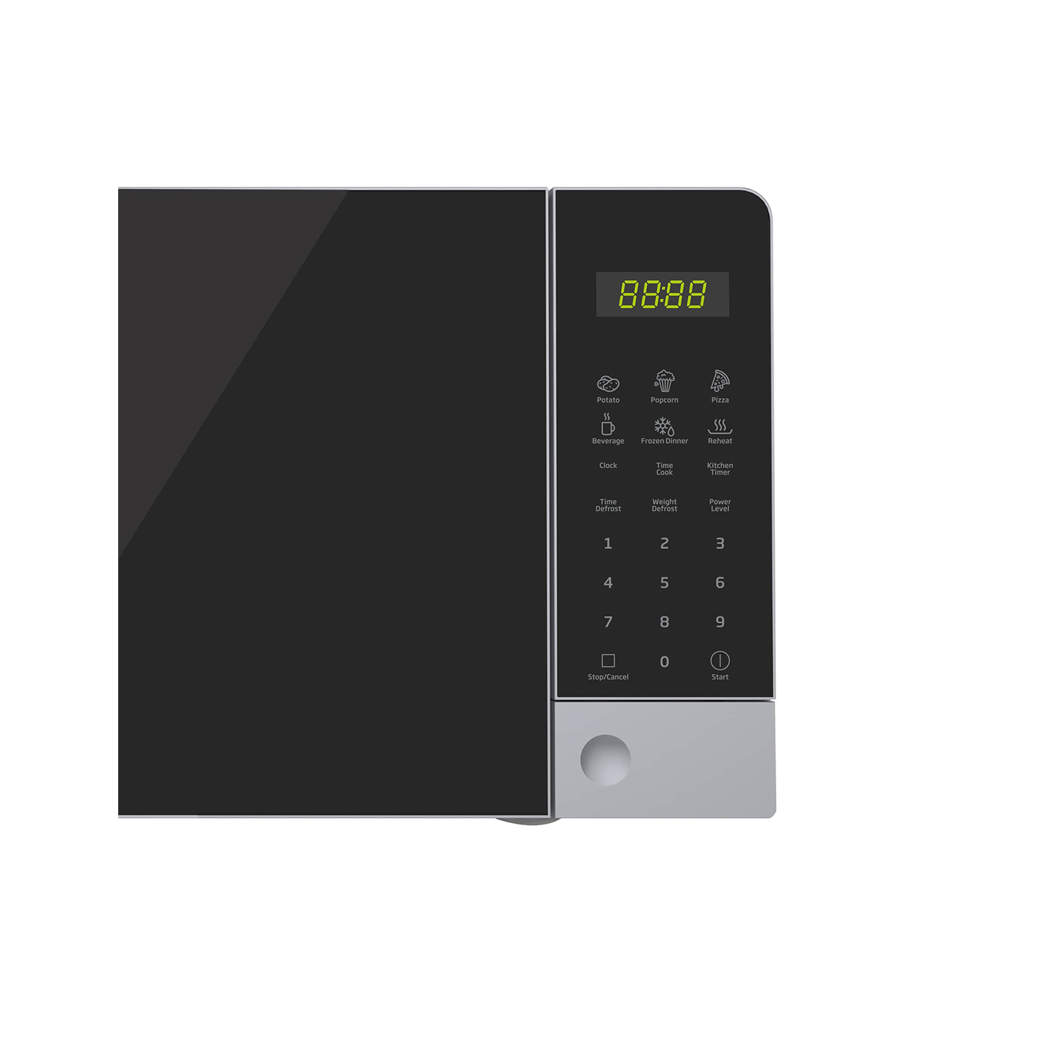 Forno a microonde nero con display digitale e pannello di controllo con varie preimpostazioni di cottura.