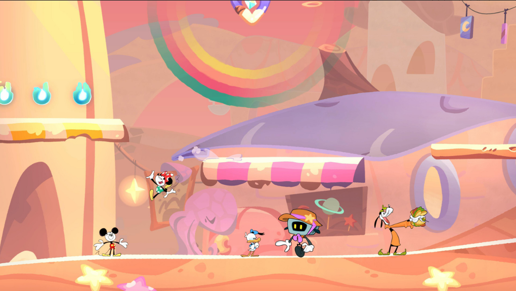 Zeichentrickszene mit Micky Maus, Minnie Maus, Donald Duck und Goofy in bunter Umgebung.