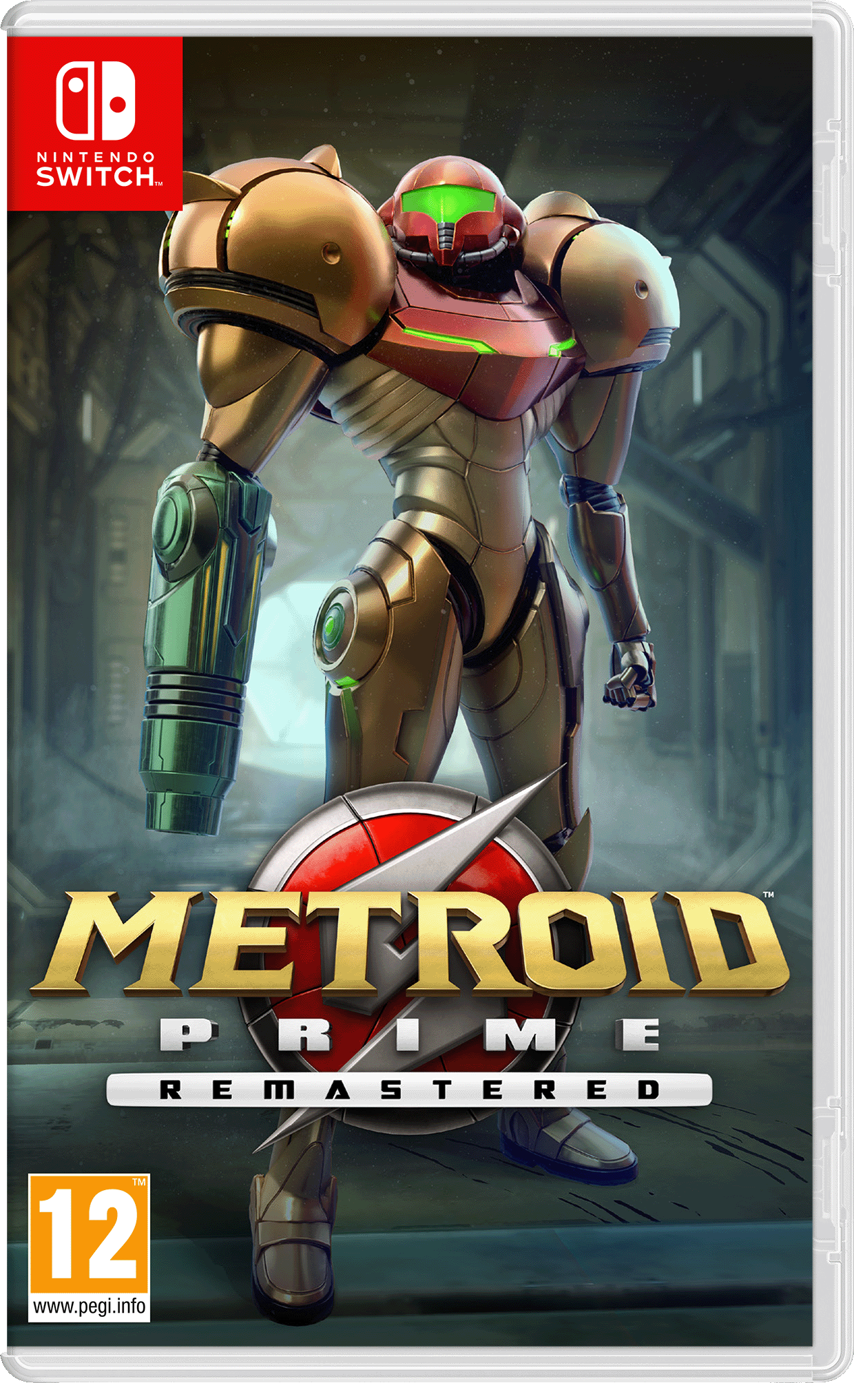 Nintendo Switch Spielbox: Metroid Prime Remastered, ein Weltraum-Marine.