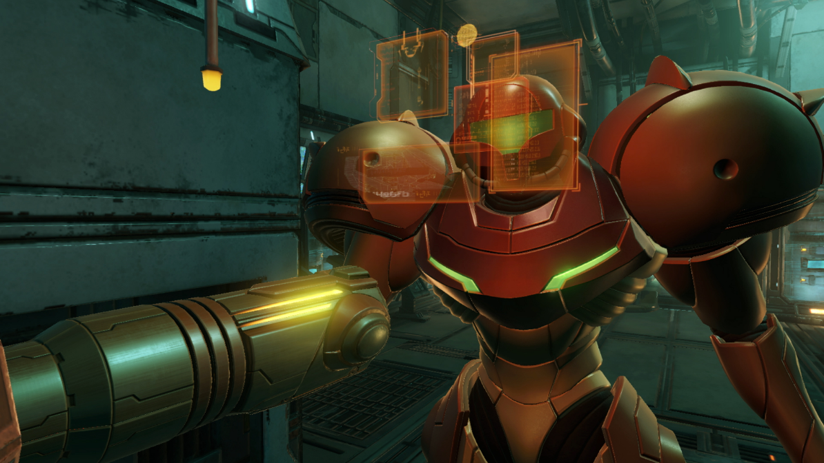 Charakter aus einem Spiel in Rüstung, Gerät haltend, futuristische Umgebung, HUD orange.