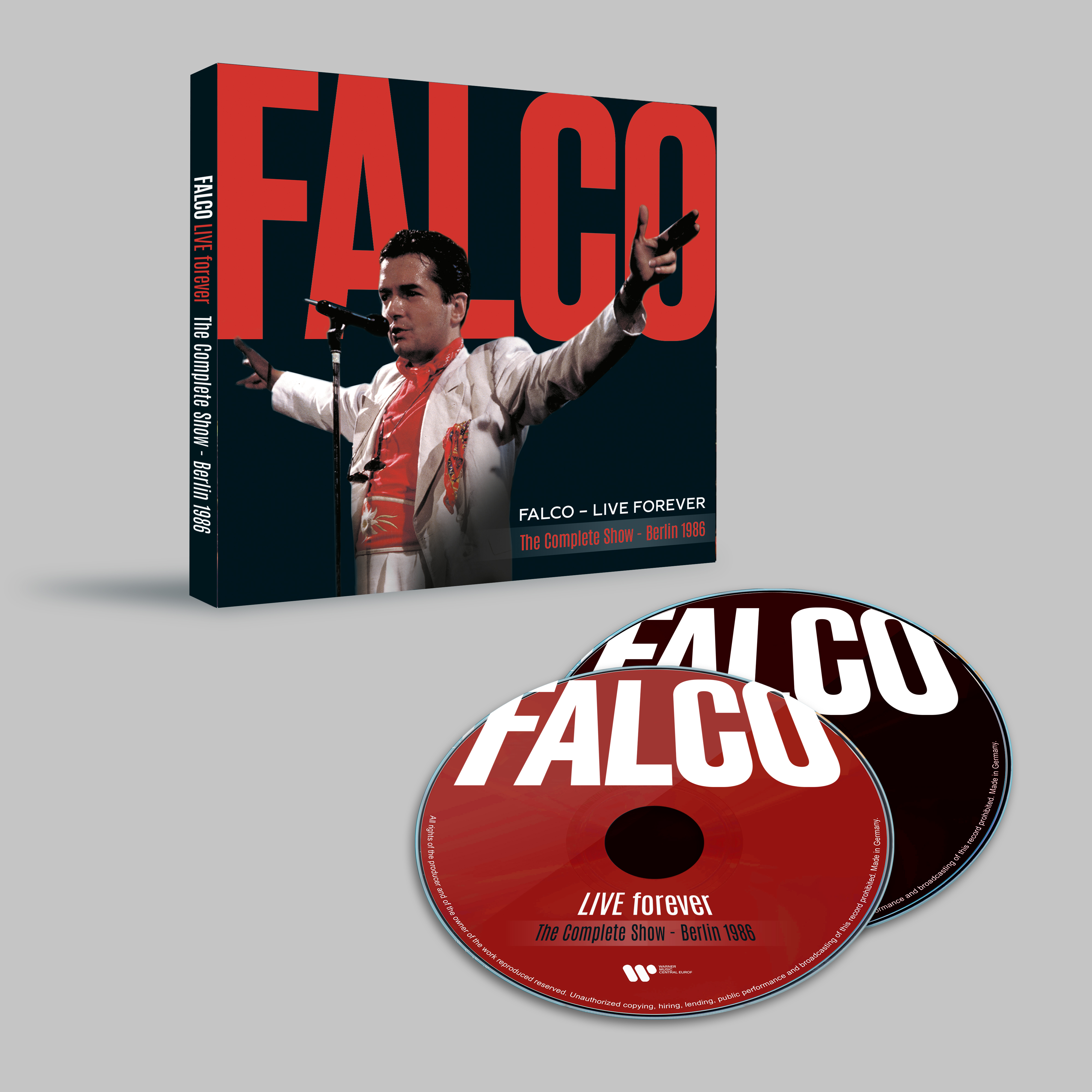 CD-Set von Falcos 'Live Forever - The Complete Show Berlin 1986'. Enthält Albumcover und 2 CDs.