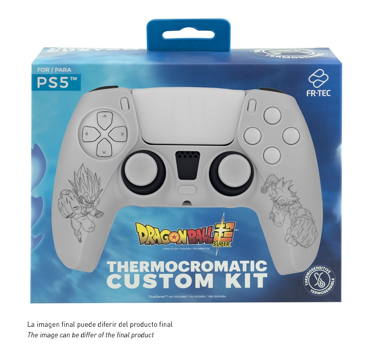 Mando PS5 blanco en caja, diseño Dragon Ball Z. Caja azul, mando blanco, personajes y texto.