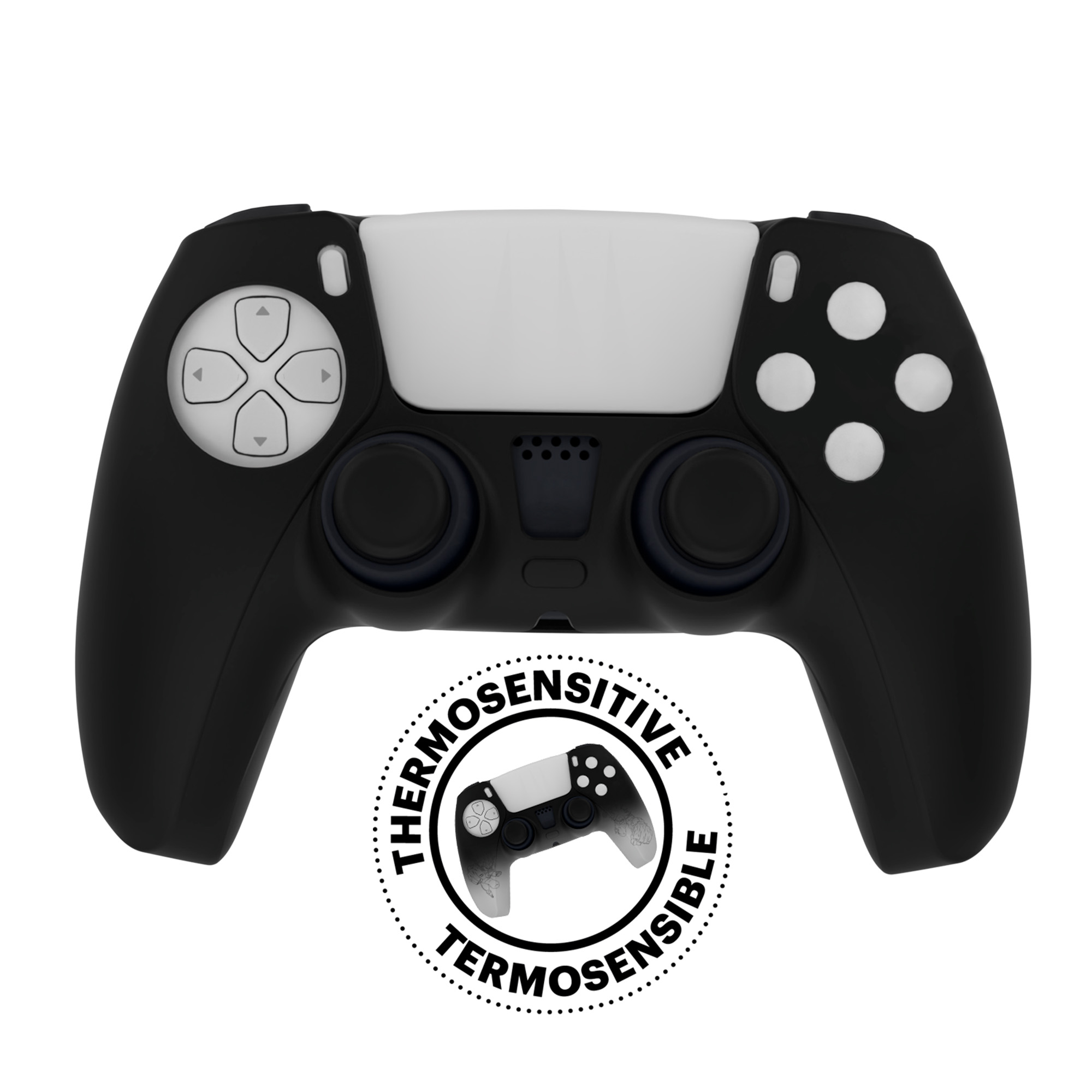 Controlador de Playstation en blanco y negro con logo termosensible.