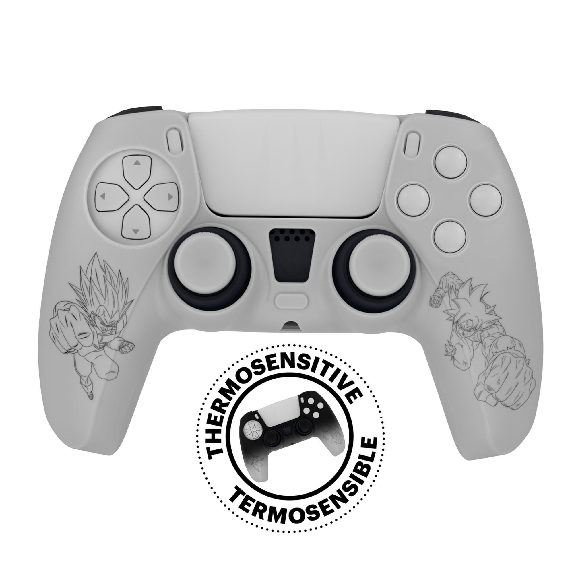 Un controlador gris de Playstation 5 con diseños de Goku y Vegeta y un logotipo termosensible.