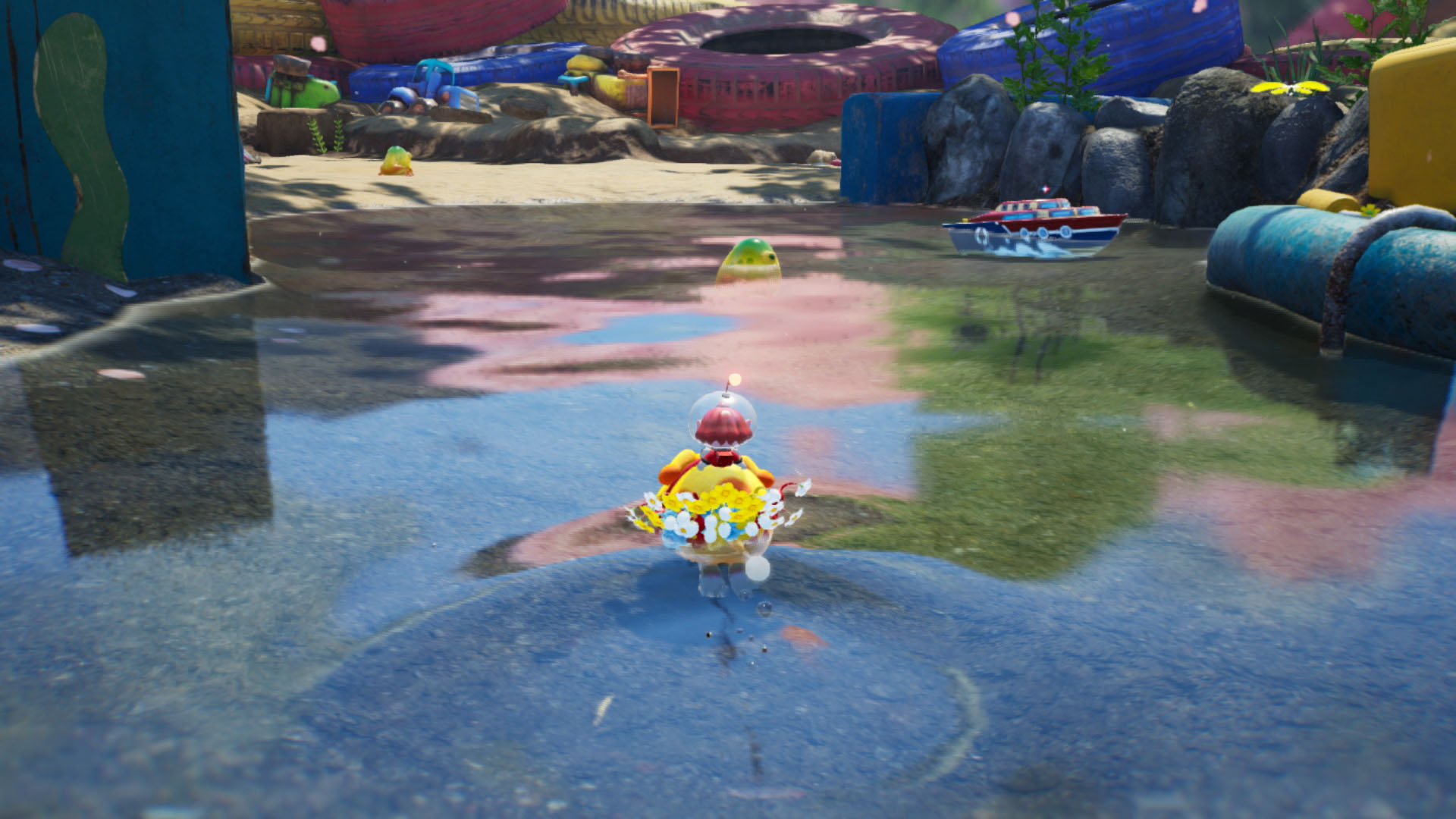 A character in a water scene, surrounded by trash. Colorful background and a boat.