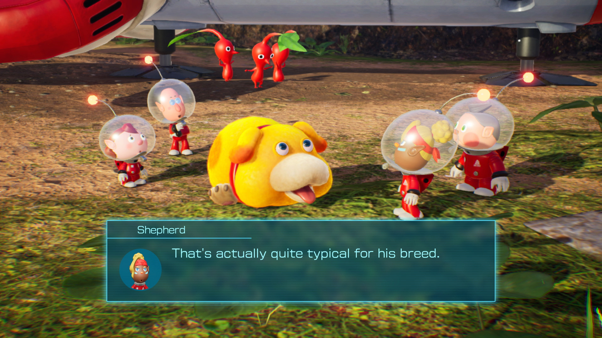 Pikmin game screenshot. Characters and a dog-like creature. Text bubble with text.