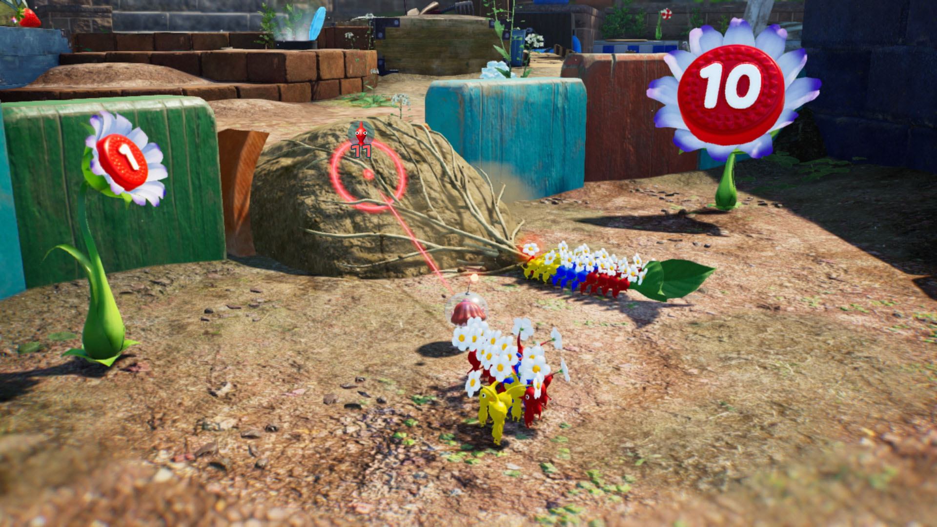 Game scene with flowers, a character, and targets marked with numbers.