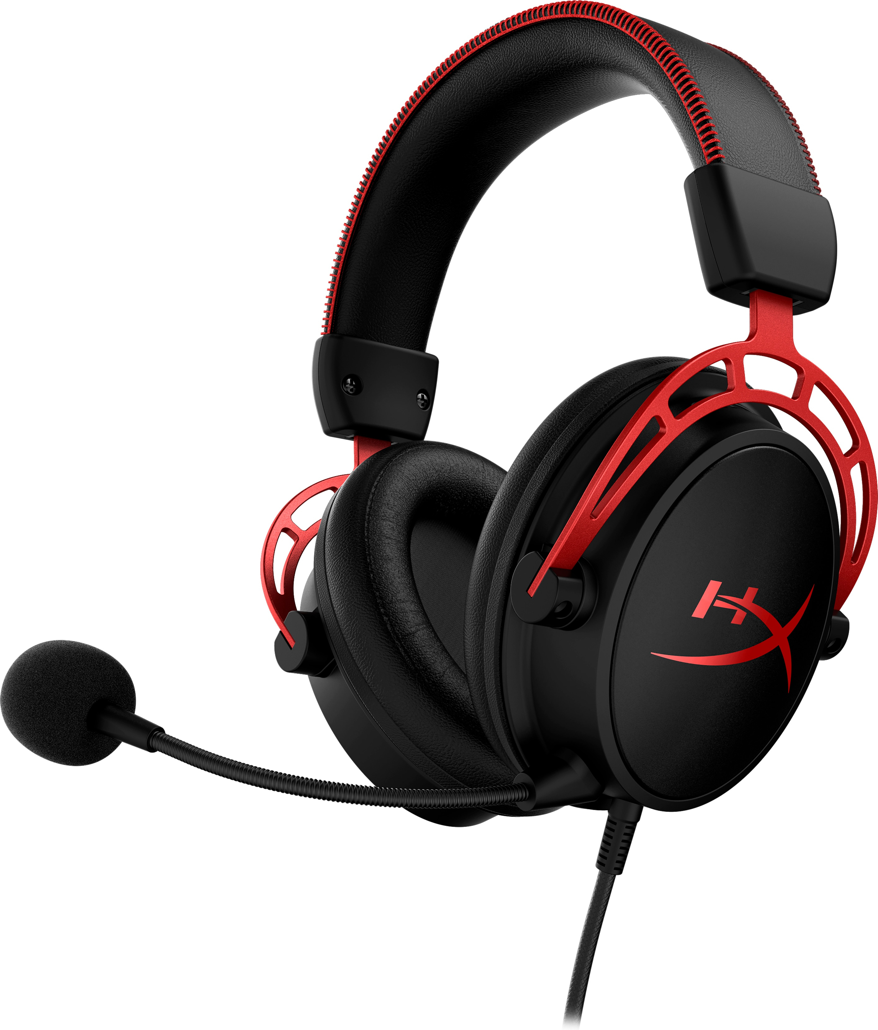 Schwarzes und rotes Gaming-Headset mit Mikrofon. HyperX-Logo sichtbar.