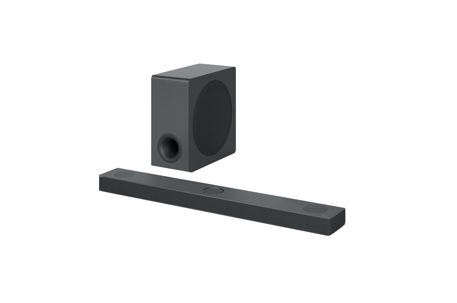 Donkergrijze soundbar en subwoofer set, met een zwarte achtergrond.