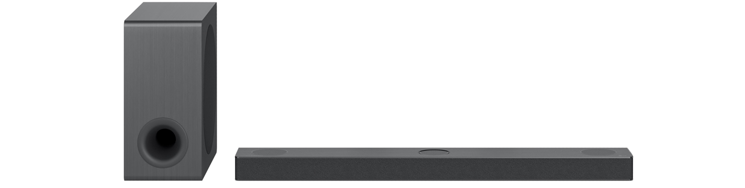 Donkergrijze soundbar en subwoofer op zwarte achtergrond. Subwoofer links.