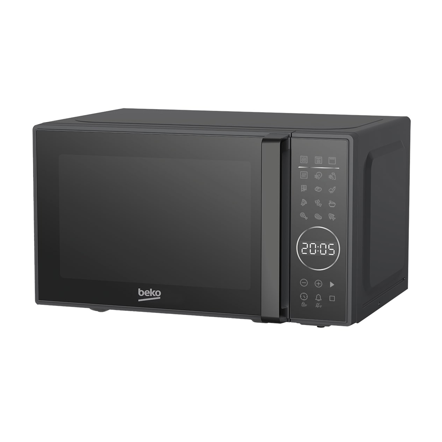 Forno a microonde Beko nero con orologio digitale.