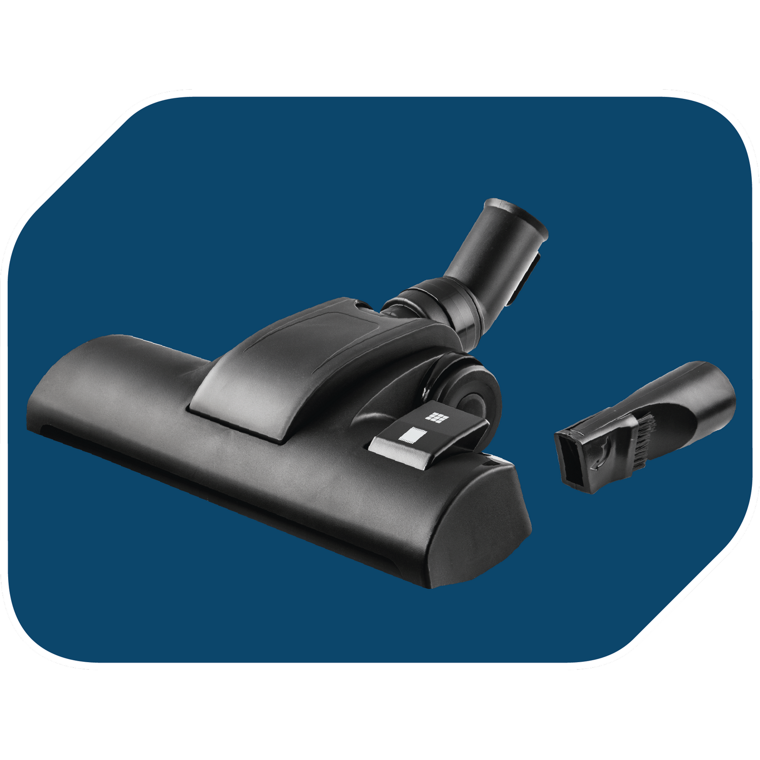 Vacuum cleaner head with a smaller attachment, against a blue background.