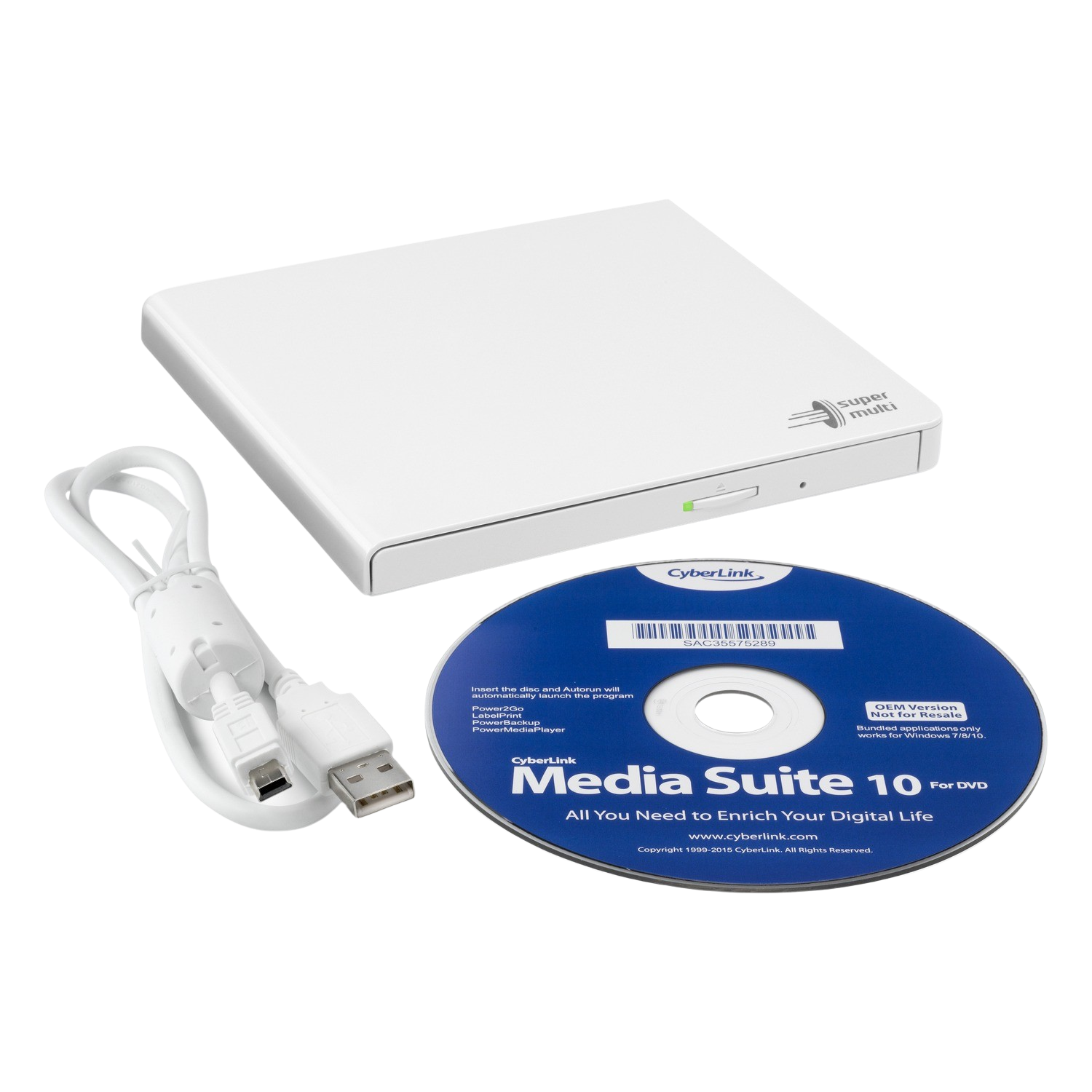 White external CD/DVD drive with a disc and a USB cable.