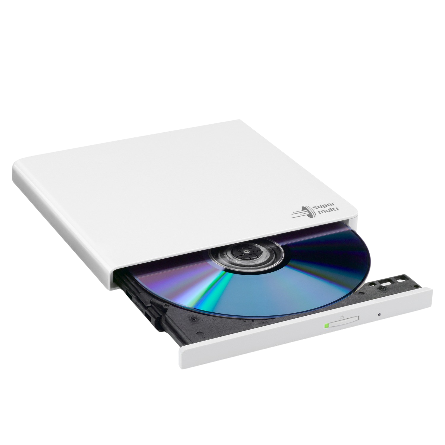 White external CD drive with a CD partially inserted. Drive is open, revealing the disc. Blue and green disc.