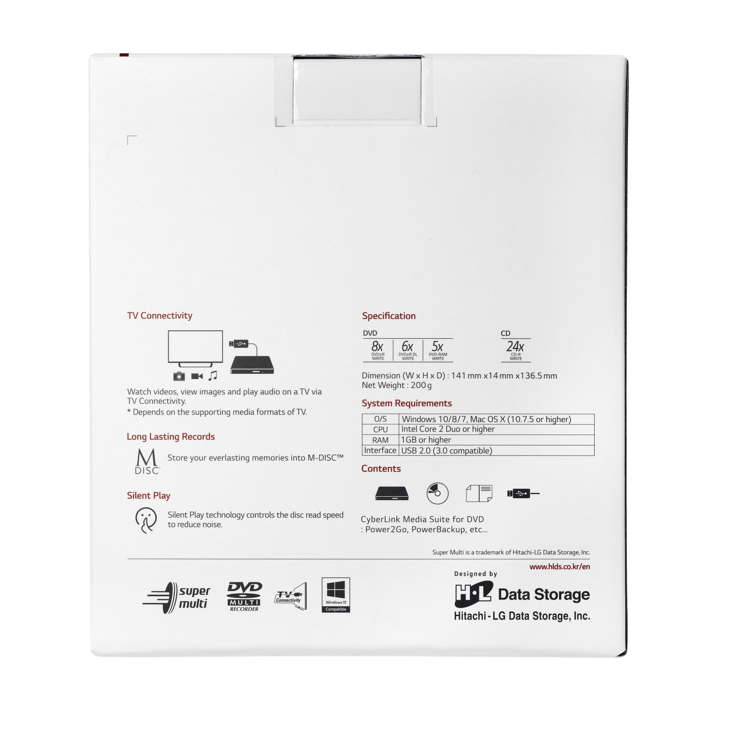 Back of a disc box. Specifications and system requirements are written on the back.