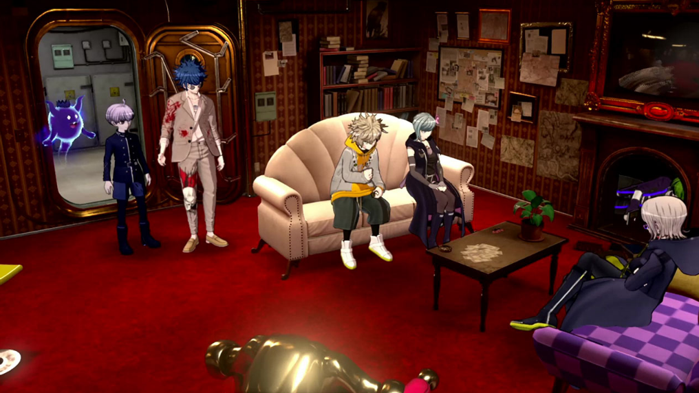 Ein Raum mit mehreren Zeichentrickfiguren. Einer sitzt auf einem Sofa, andere stehen.