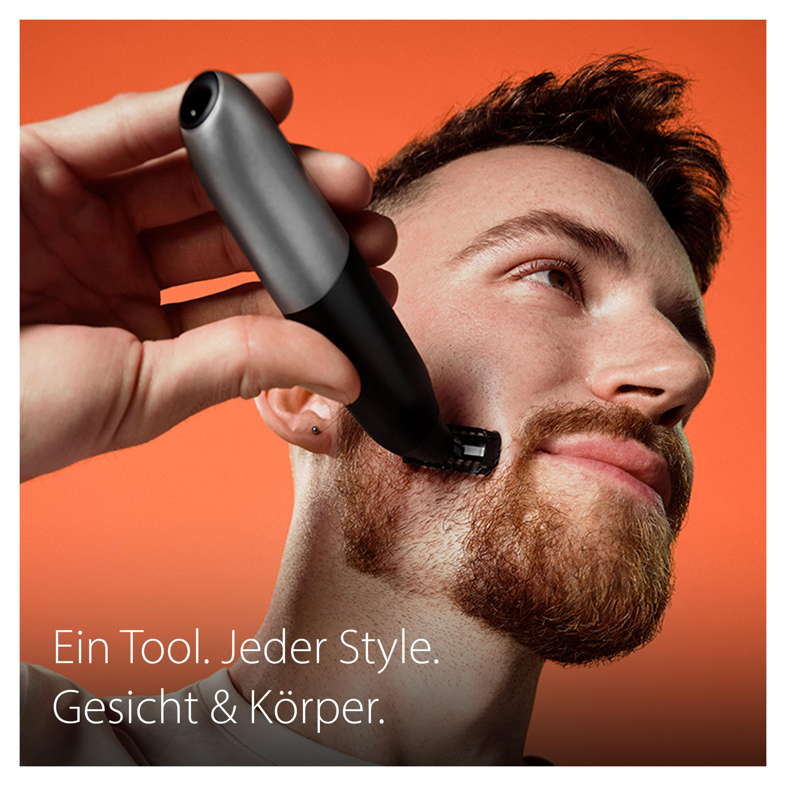 Ein Mann rasiert seinen Bart mit einem Trimmer. Oranger Hintergrund mit Text.