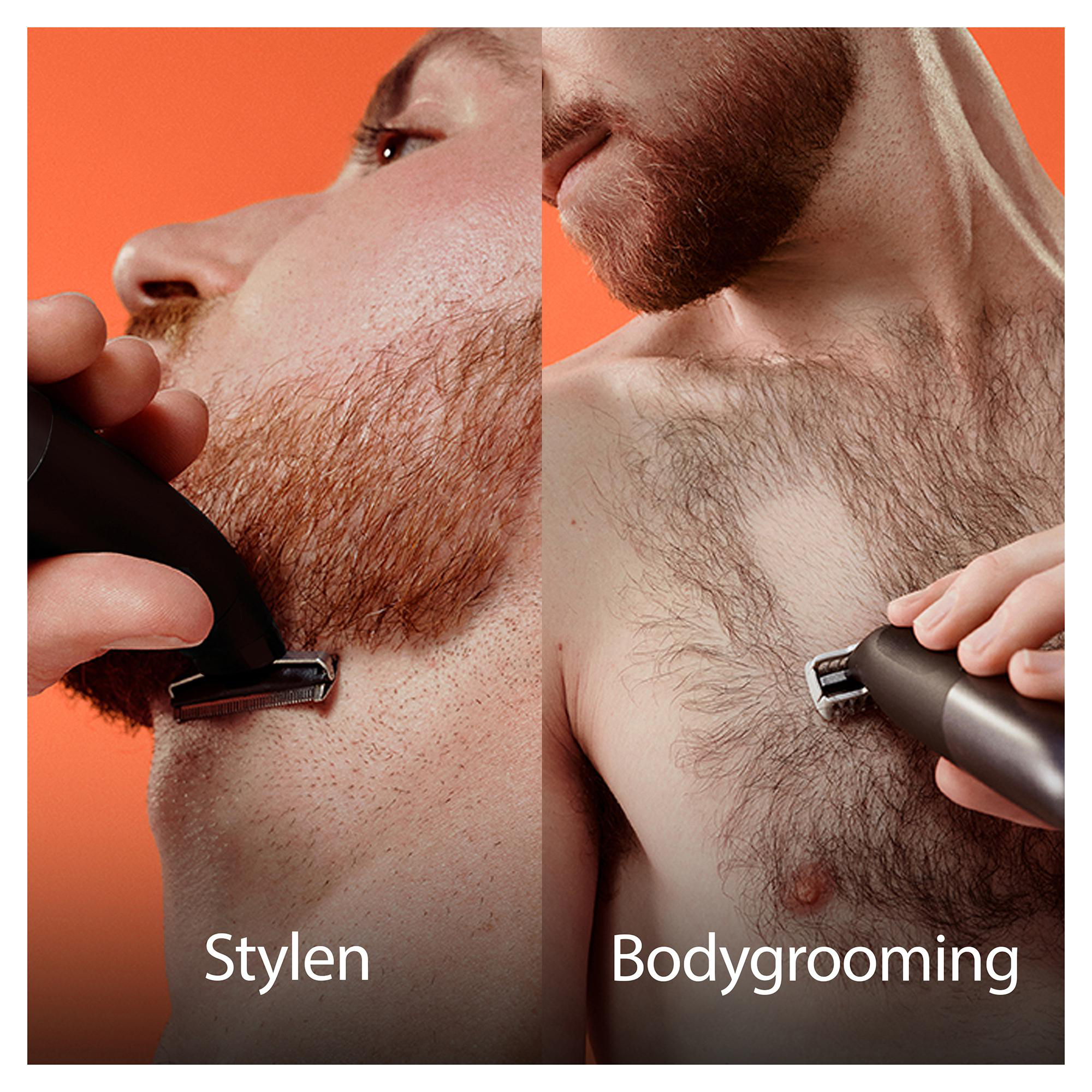Das Bild zeigt zwei Männer, einer stylt Bart und der andere benutzt einen Bodygroomer. Text sagt 'Stylen' und 'Bodygrooming'.