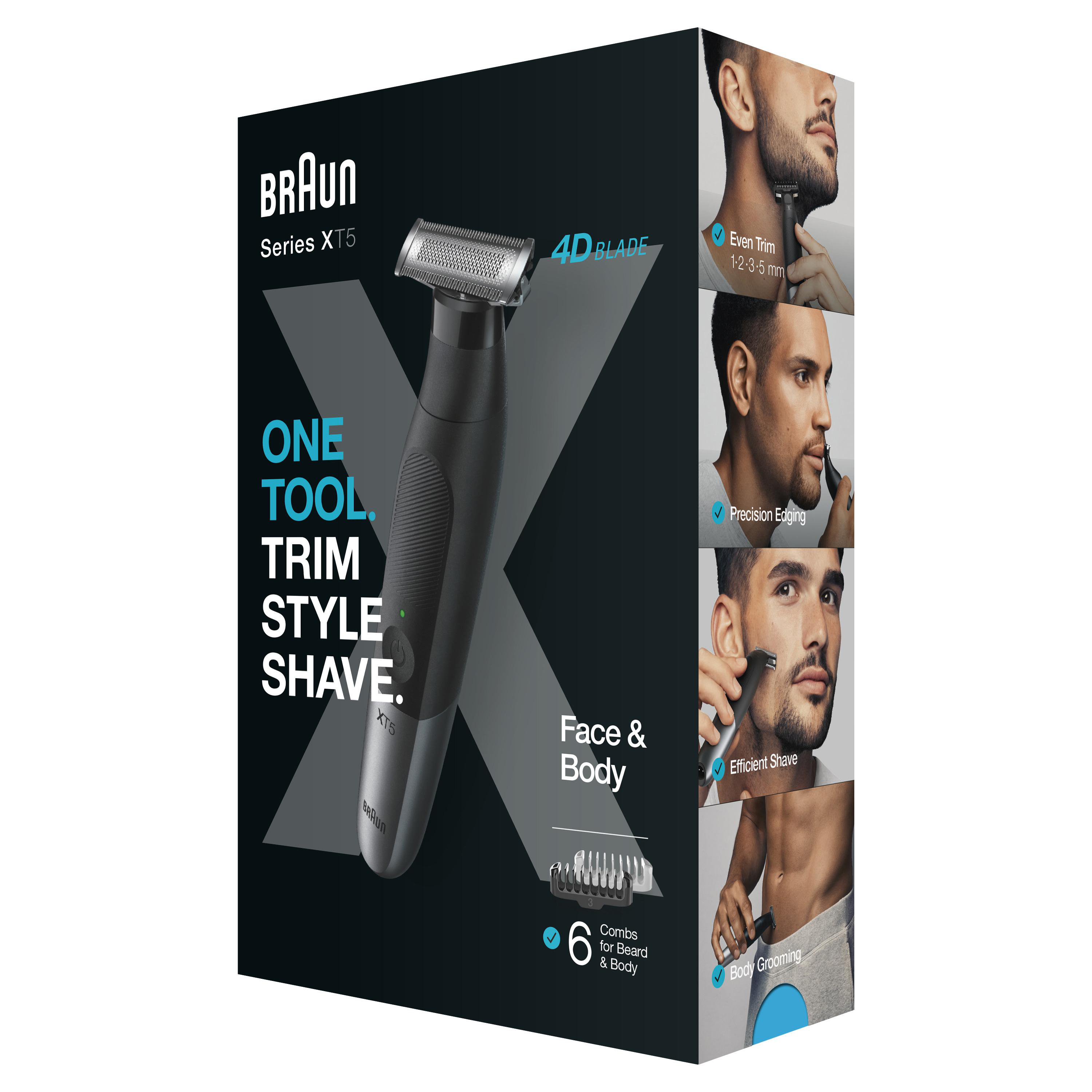 Braun Series X75 Box mit Trimmer-Bild, Text und Illustrationen zur Körperpflege.